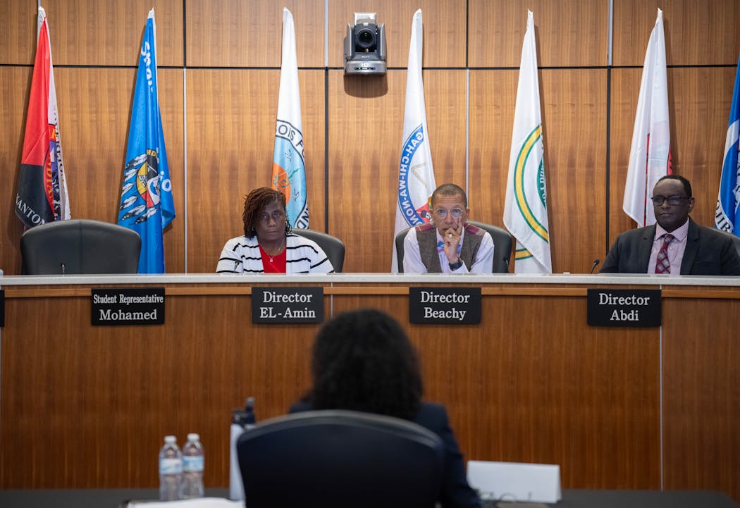 Board members Sharon El-Amin, Collin Beachy and Abdul Abdi at a meeting last fall. “This district is only as strong as its board, which means we have to know our roles,” said El-Amin, who served as chair in 2023.