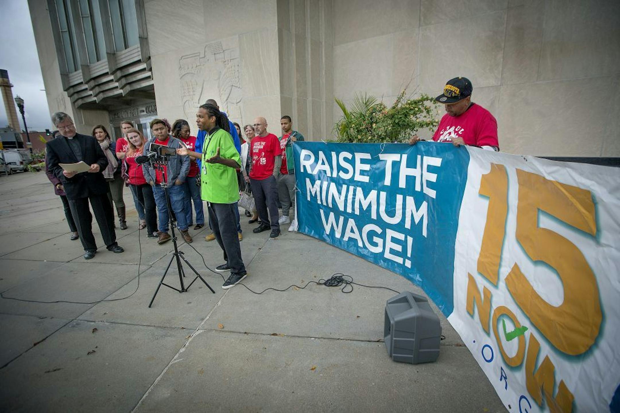 Along Coleman spoke about his about his personal struggles during a press conference in front of City Hall, Tuesday, September 26, 2017 in St. Paul, MN. She joined a group of religious and community groups and labor organizers to announce the formal launch of a coalition advancing the demand for a $15 minimum wage in St Paul.