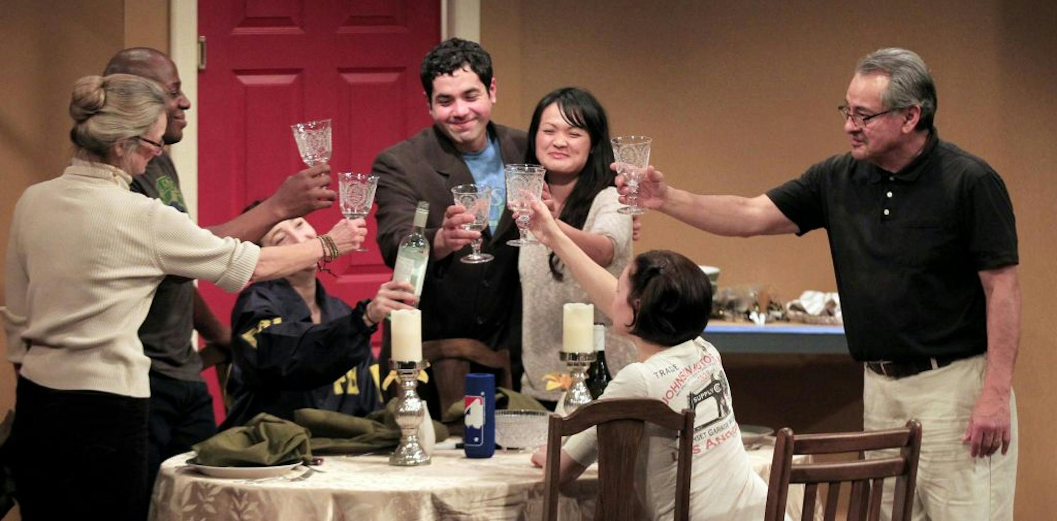 Sally Wingert, left, Ansa Akyea, Mo Perry, Ricardo Vazquez, Rose Le Tran, Laura Esposito and Joe Minjares rehearsed at Mixed Blood Theatre.