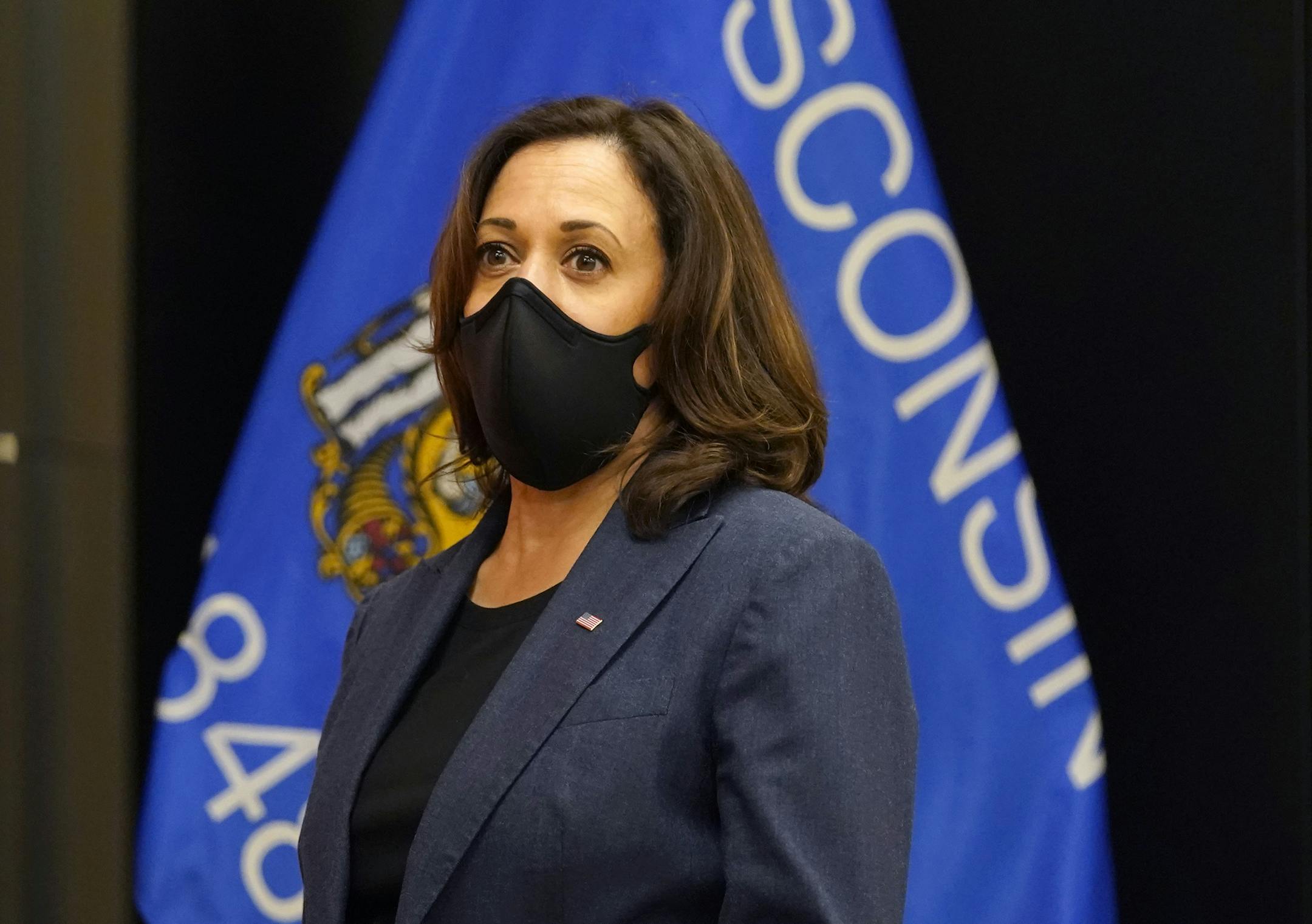 Democratic vice presidential candidate Sen. Kamala Harris, D-Calif., listens during a tour of the IBEW 494 training facility Monday, Sept. 7, 2020, in Milwaukee. (AP Photo/Morry Gash)