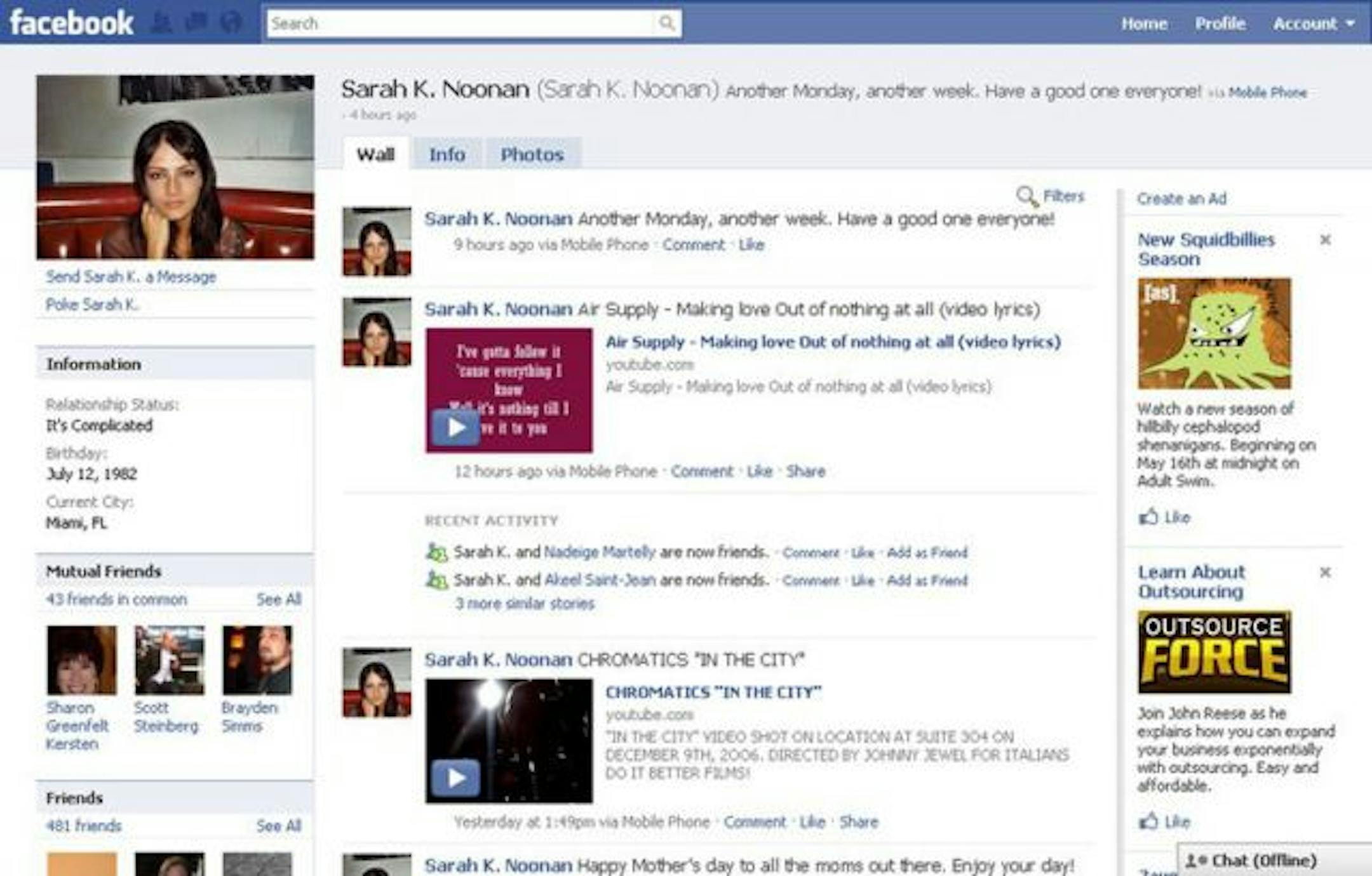 "Sarah K. Noonan" had generic status updates and didn't respond to replies to her friend request.
