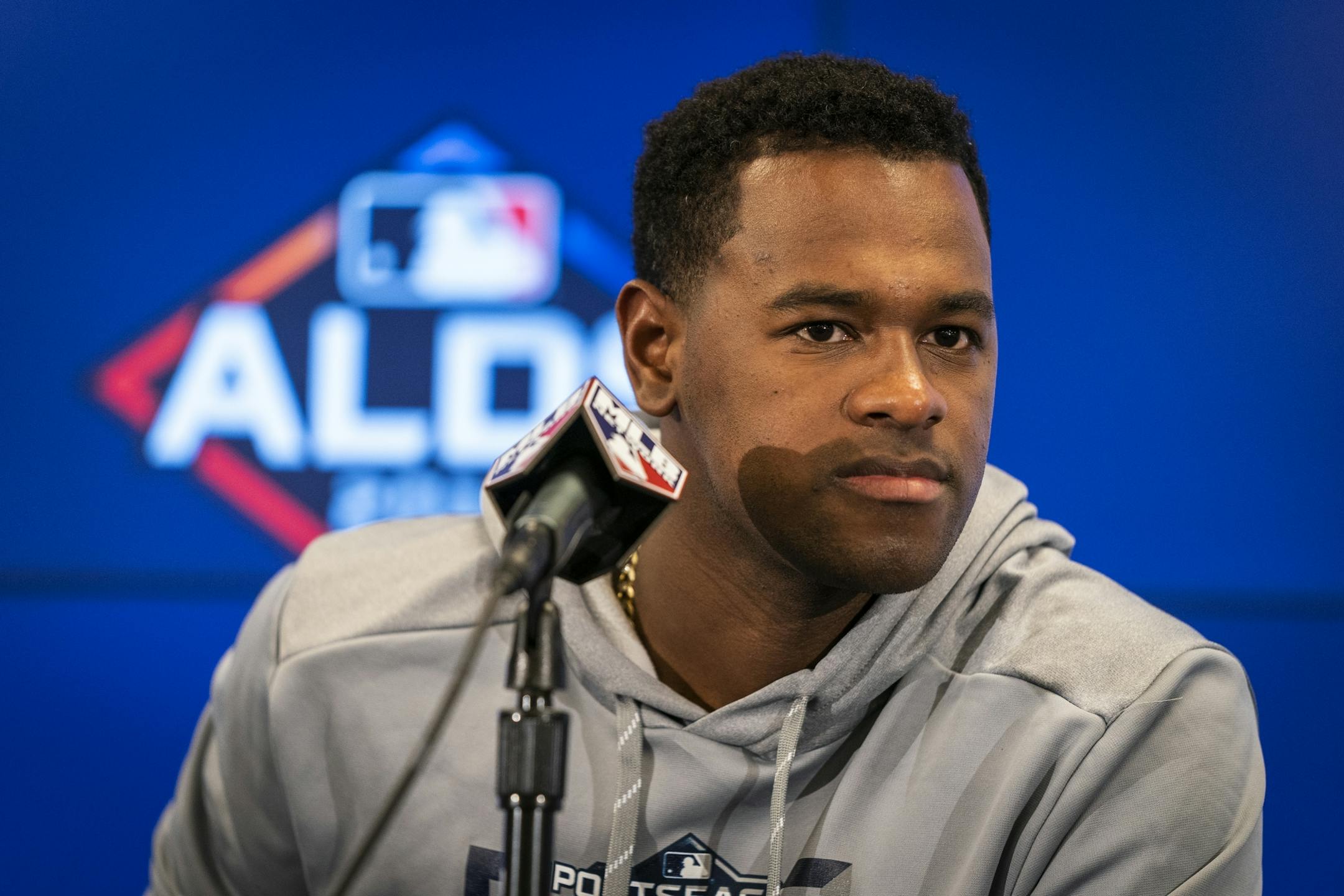 New York Yankees starting pitcher Luis Severino (40) spoke with the media.