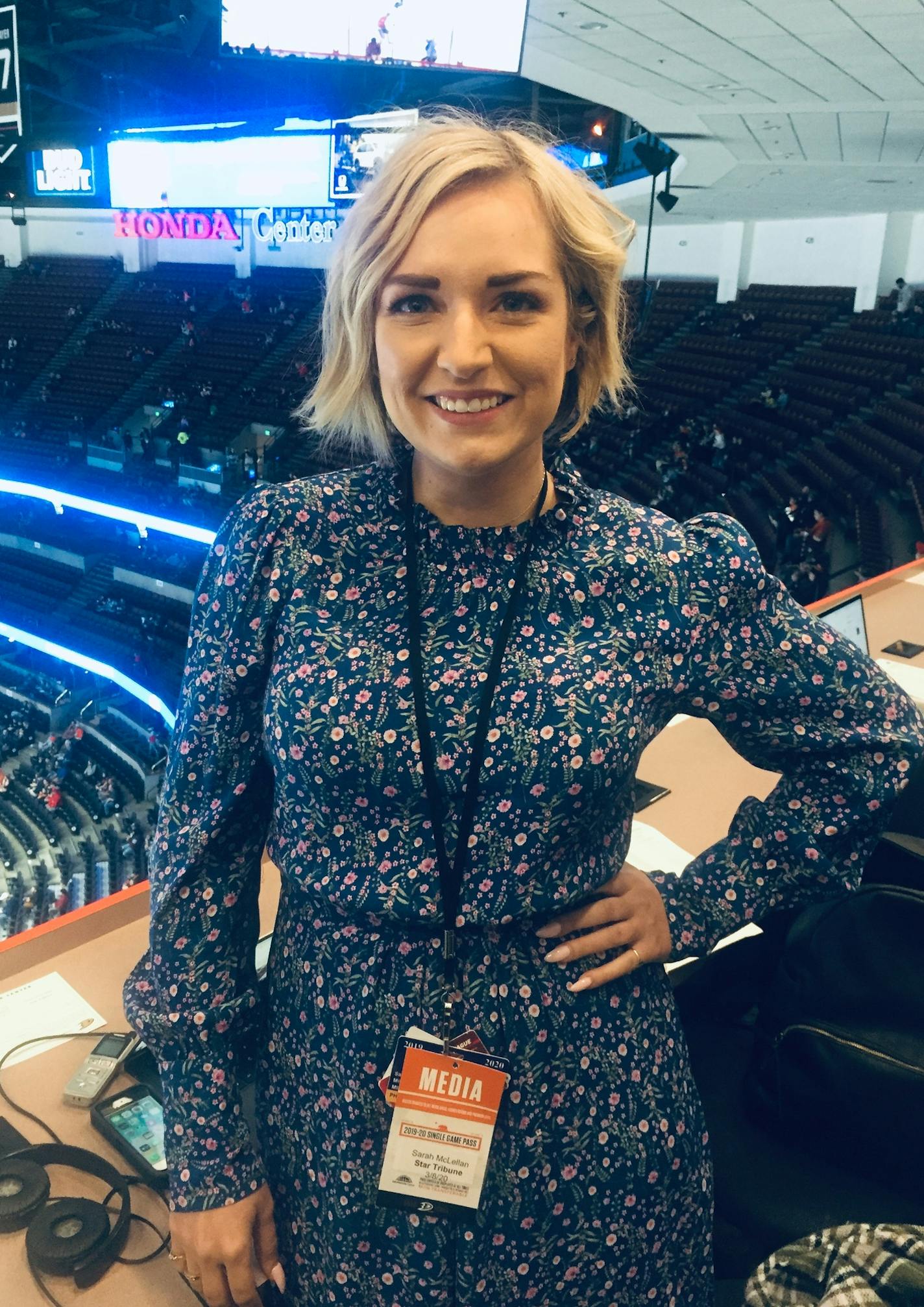 Sarah McLellan at the last game she covered before the league shut down. It was March 8 in Anaheim.