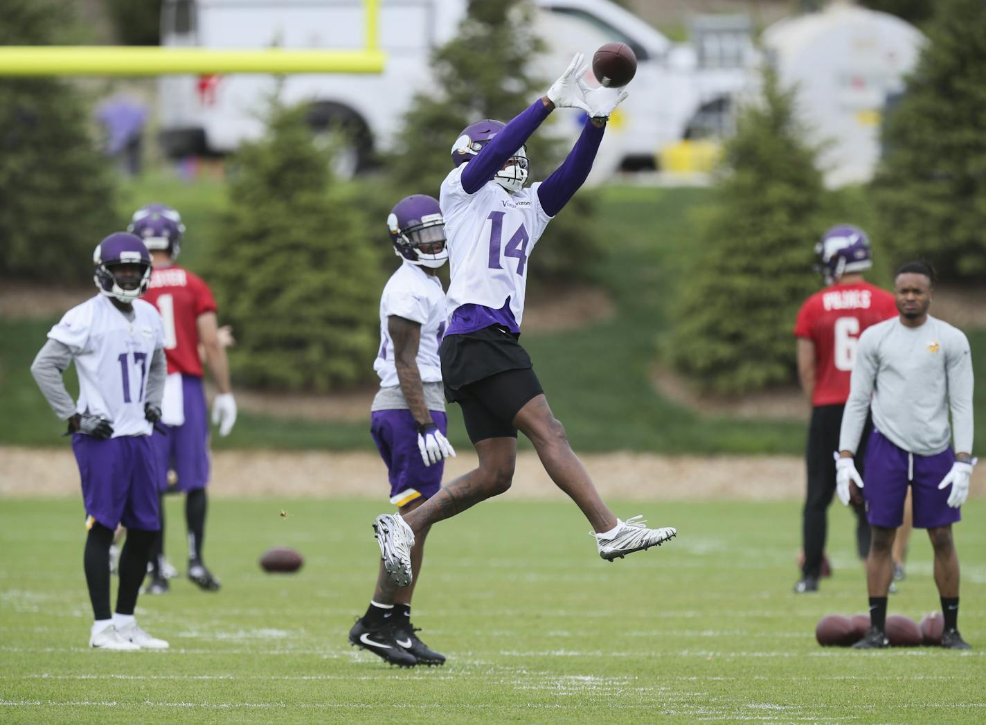 Vikings Stefon Diggs shows off his skills during practice at their new Eagan facility.
BRIAN PETERSON &#x2022; brian.peterson@startribune.com
Eagan, MN 05/23/2018