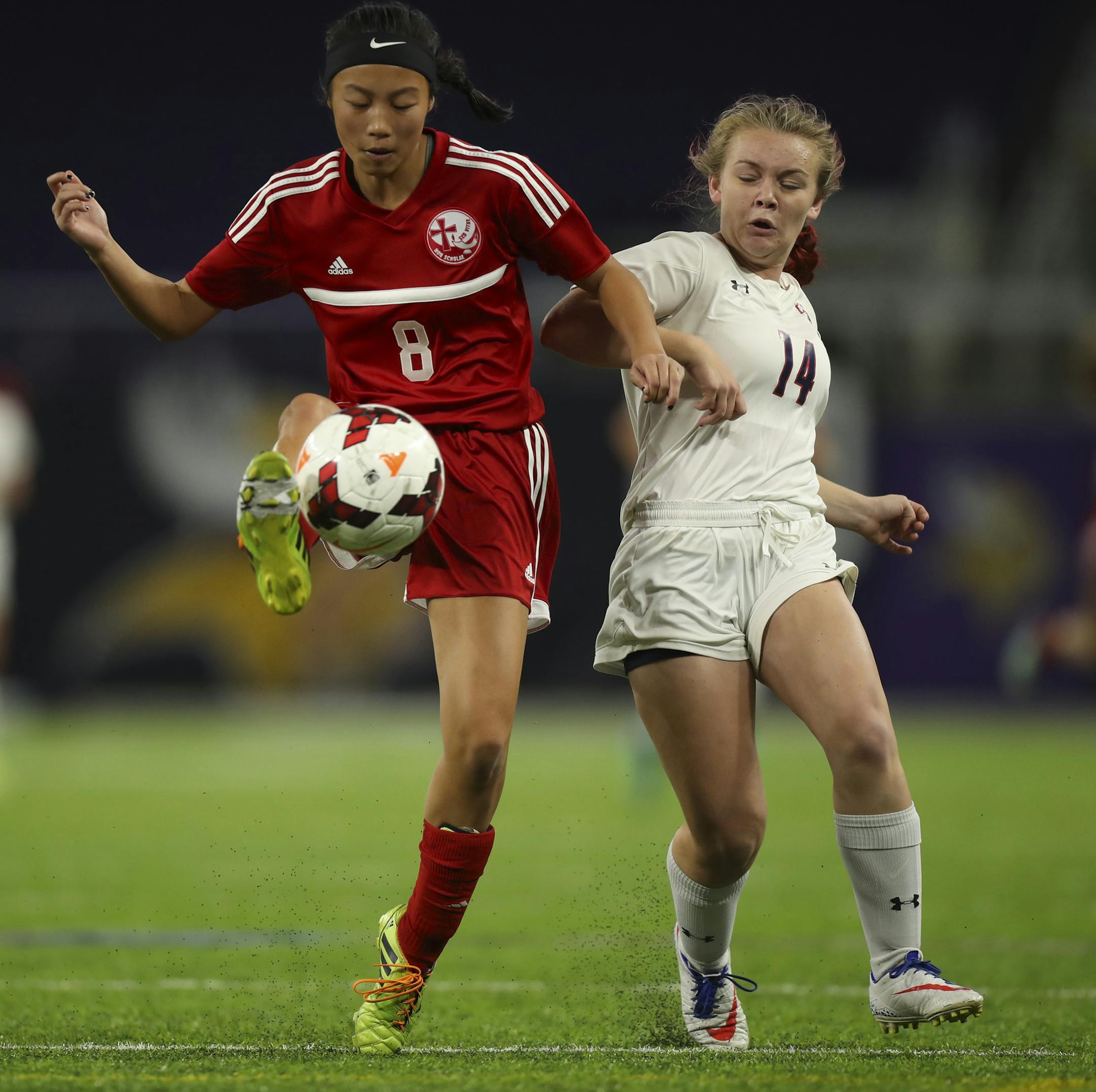 Visitation's Kira Johansen controlled the ball while on defense against Orono's Anna Tesar in the second half. ] JEFF WHEELER ï jeff.wheeler@startribune.com Orono beat Visitation 1-0 in the Class 1A girls' state soccer tournament semi-final game Monday evening, October 30, 2017 at U.S. Bank Stadium in Minneapolis.