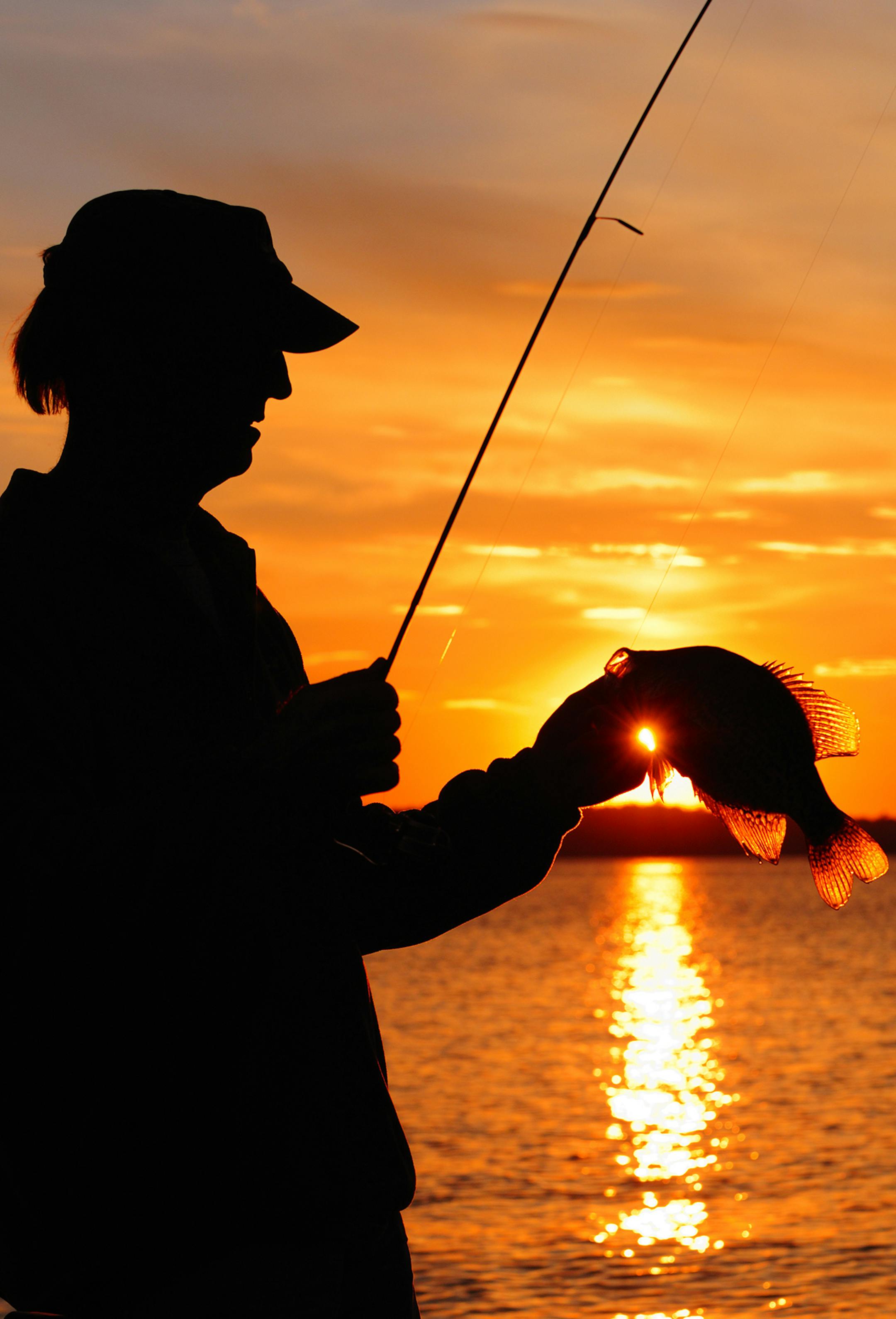 DO NOT USE! ONE-TIME USE ONLY WITH BILL MARCHEL COPY. Photo by Bill Marchel. An angler silhouetted against a brilliant sunset hoists a crappie.