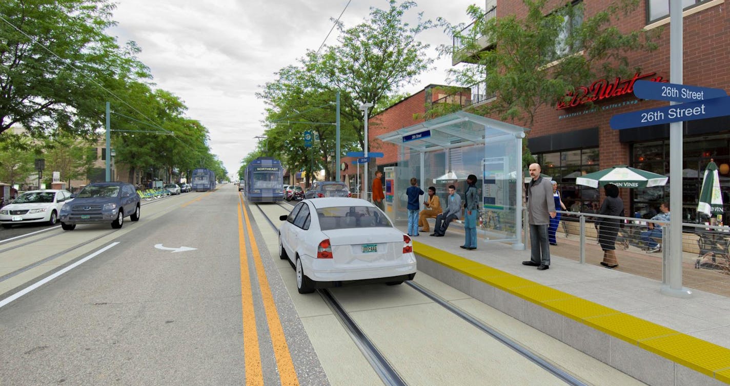 A key Mpls. city council committee approved streetcars as their preferred method of transit along Nicollet and Central aves. rendering from Nicollet&#x201a;&#xc4;&#xec;Central Transit Alternatives | September 2013 document.