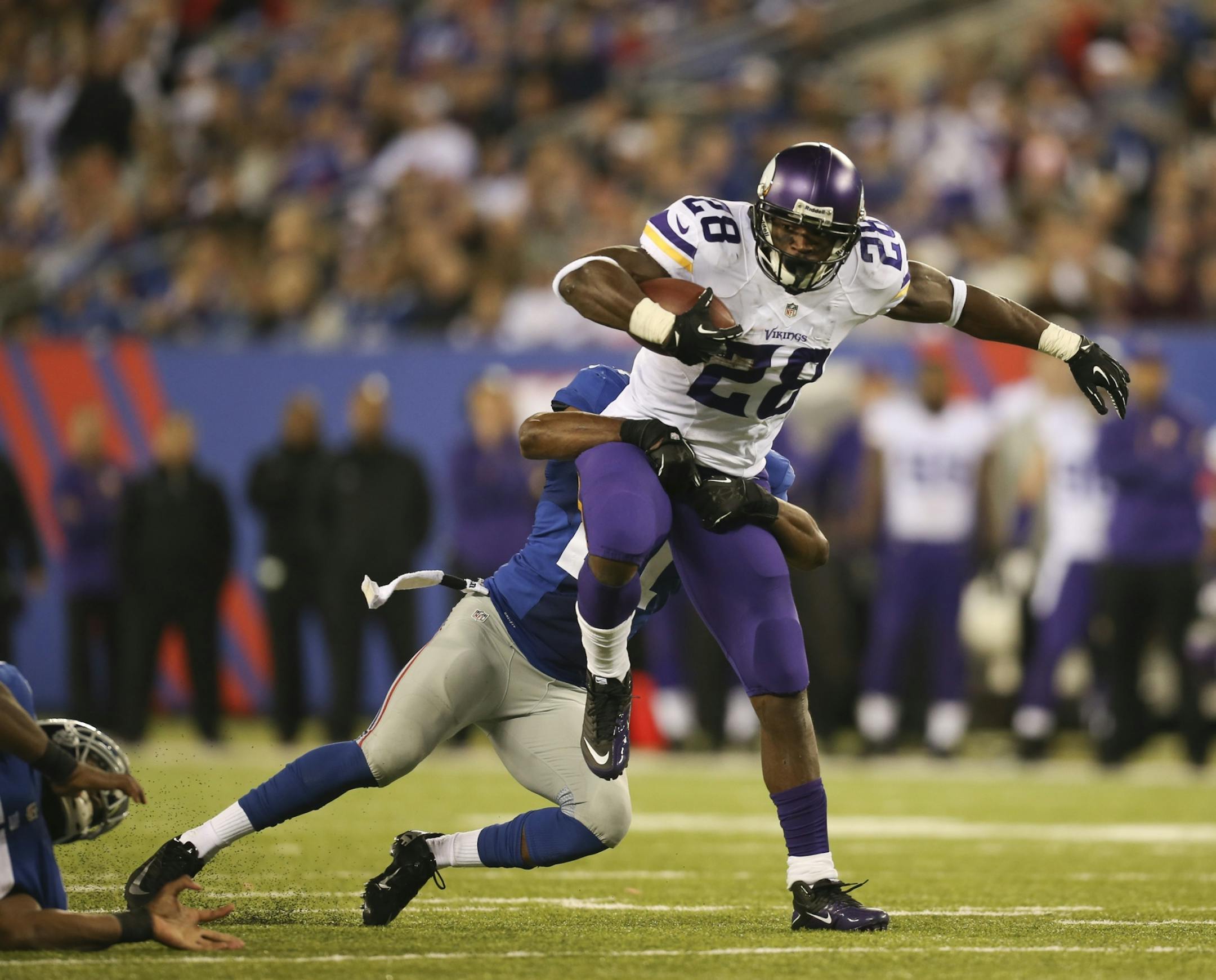 Vikings running back Adrian Peterson only rushed for 28 yards on 13 carries against the Giants on Monday night.