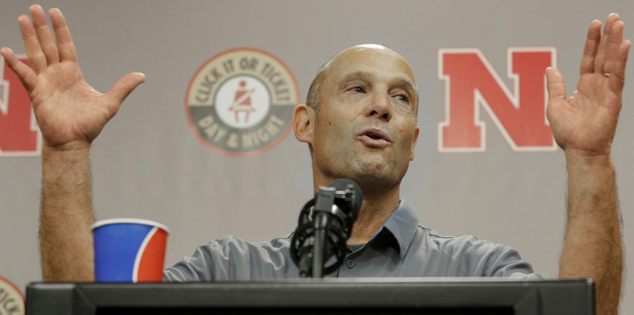Nebraska head coach Mike Riley speaks in Lincoln, Neb., Wednesday, Aug. 3, 2016, as Nebraska prepares to begin NCAA college football preseason practices less than a week after the funeral of punter Sam Foltz, who died in a car accident July 23. (AP Photo/Nati Harnik)