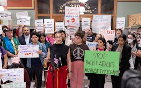 Rachel Dionne-Thunder speaks during a protest at Mayor Jacob Frey’s office at City Hall in Minneapolis on Thursday in response to the raid in south