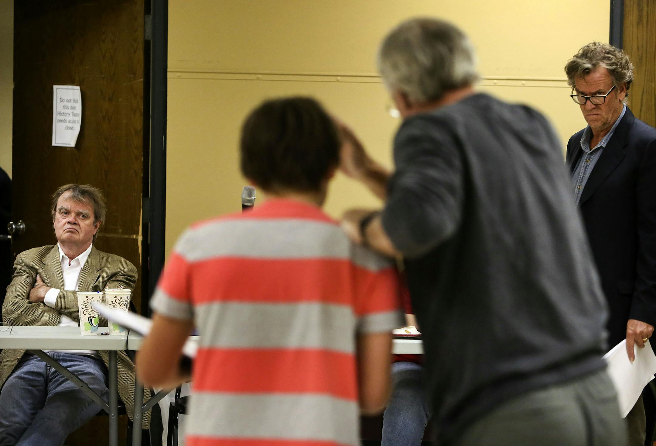 Radio script writer Garrison Keillor turned playwright, left, and radio host Pearce Bunting, right, take in a scene and actors Jonah Harrison, second from left, and Peter Thomson, second from right, during rehearsal for Keillor's "Radio Man" play Saturday, Sept. 12, 2014, at the History Theatre in St. Paul, MN.](DAVID JOLES/STARTRIBUNE)djoles@startribune.com "Radio Man, " written by radio script writer Garrison Kiellor turned playwright, opens Saturday at History Theatre in St. Paul. "His major