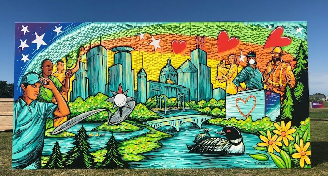 A 10 by 20 foot mural entitled “Power of Community” is on display at the 3M Open at the TPC in Blaine. The mural was made party with 1,100 Post-it’s by local artist Adam Turman.