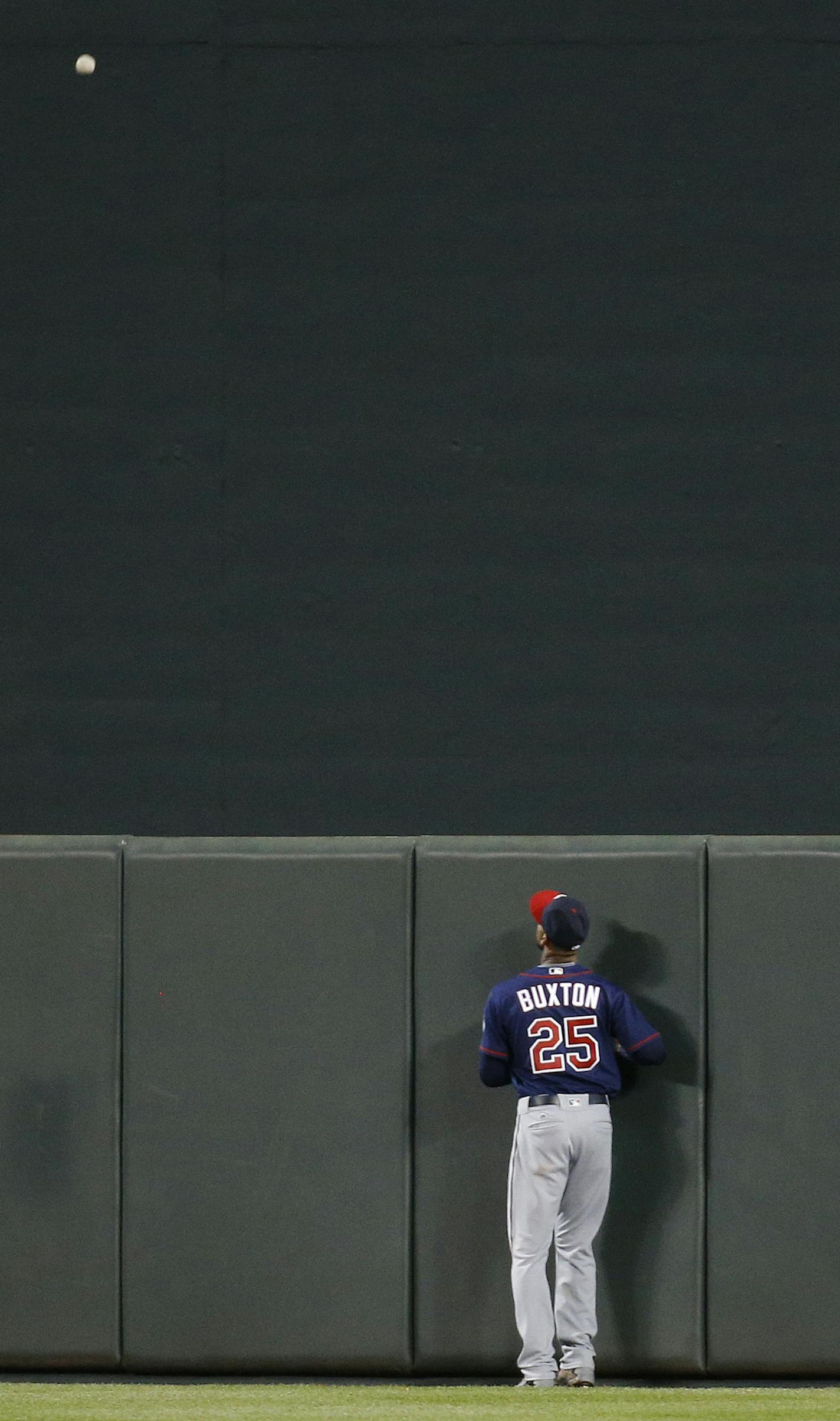 Minnesota Twins center fielder Byron Buxton watches Baltimore Orioles' Chris Davis' solo home run ball sail over the outfield wall in the third inning of a baseball game in Baltimore, Wednesday, April 6, 2016. (AP Photo/Patrick Semansky)