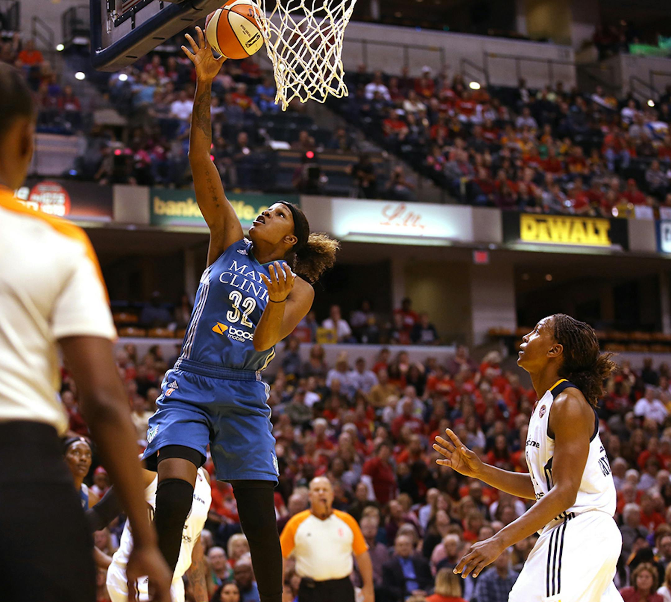Minnesota Lynx forward Rebekkah Brunson (32) shoots during game three of the WNBA Finals at Bankers Life Field House in Indianapolis on Friday, October 9, 2015.