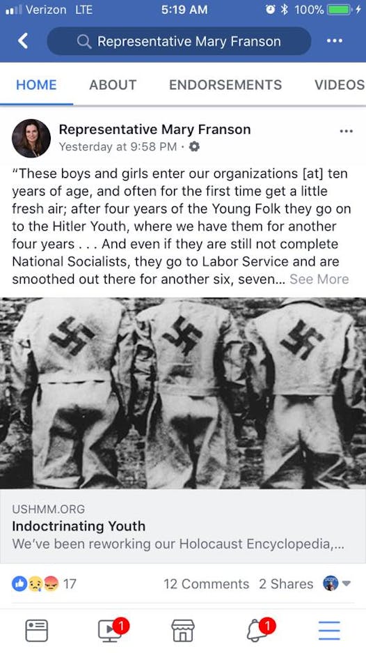 A screengrab of Rep. Mary Franson's Facebook post appearing to liken March For Our Lives participants to Hitler Youth.