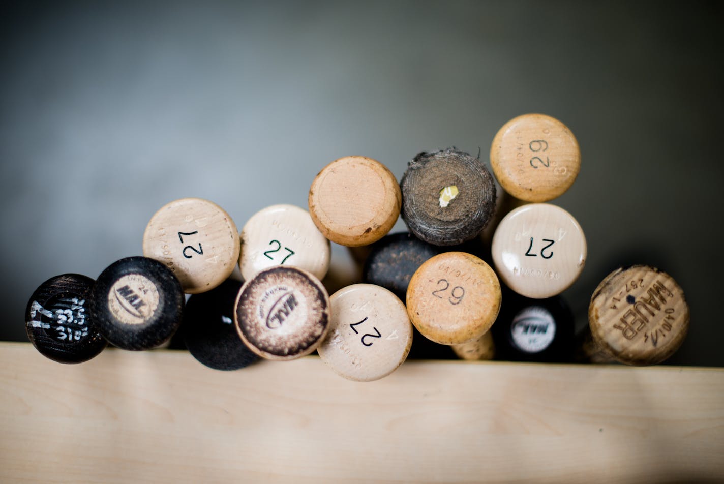 AUTH090114 * 20035859A * 964956 * Mark Vancleave - mark.vancleave@startribune.com * Twins authenticator Steven Bantle collects and tags game memorabilia during a Twins-Royals game Sun. Aug. 17, 2014 at Target Field. [Broken bats await authentication tags in the Target Field mail room.]