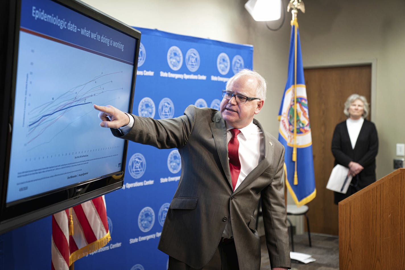 Minnesota Gov. Tim Walz provides an update on the state's next steps to respond to COVID-19 during a news conference on Wednesday, April 8, 2020 in St. Paul, Minn. Walz is extending Minnesota&#x2019;s stay-at-home order until May 4 as the number of COVID-19 deaths in the state continues to rise. The original order was scheduled to end Friday. Walz said Wednesday that the order has bought Minnesota needed time to slow the spread of the coronavirus but must continue. (Glen Stubbe/Star Tribune via