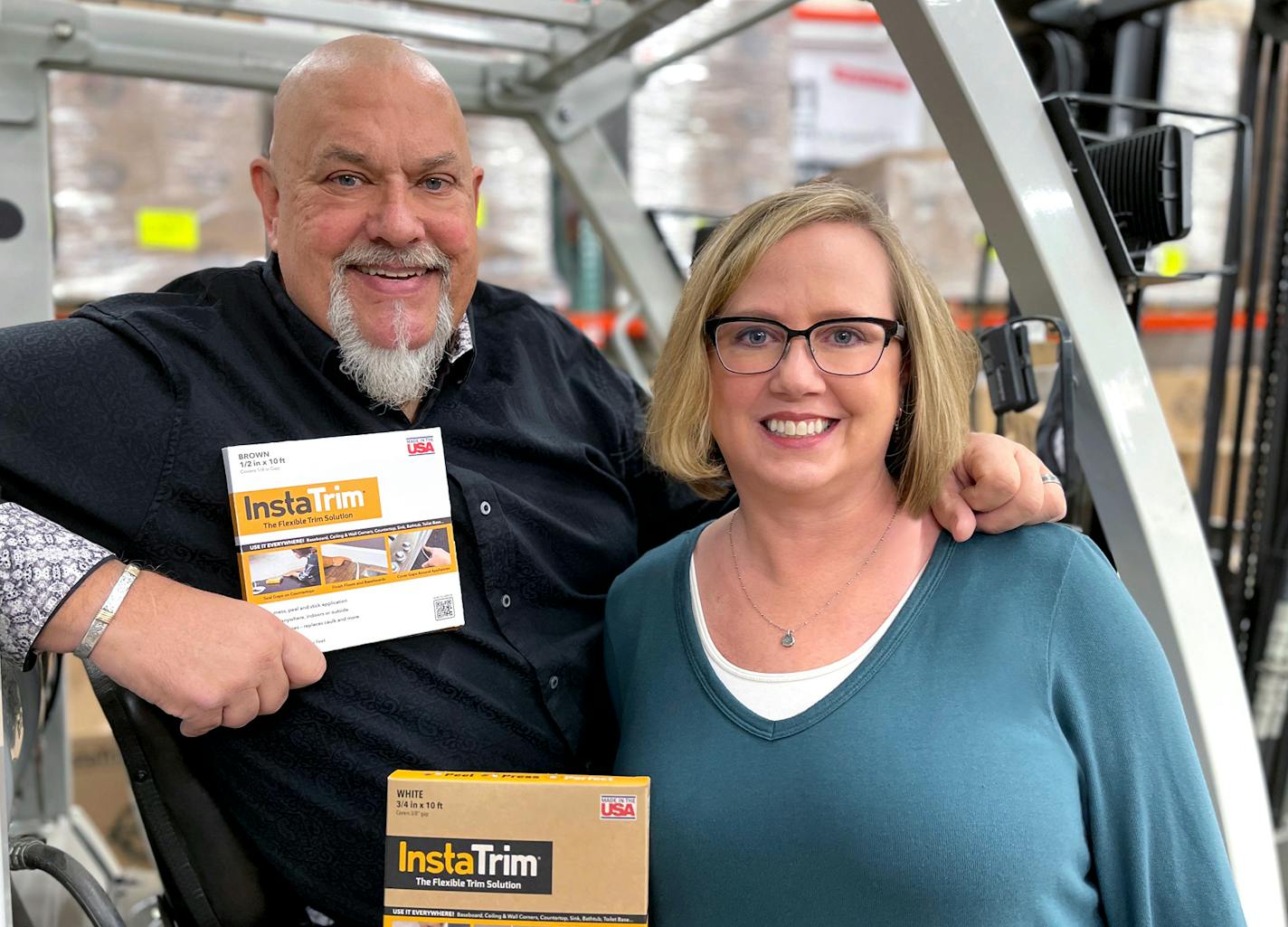 Founders Greg and Betsy Amundson of InstaTrim, a flexible, self-adhesive trim strip that can be used as a gap filler, a finish trim to tighten paint jobs or as a caulk.