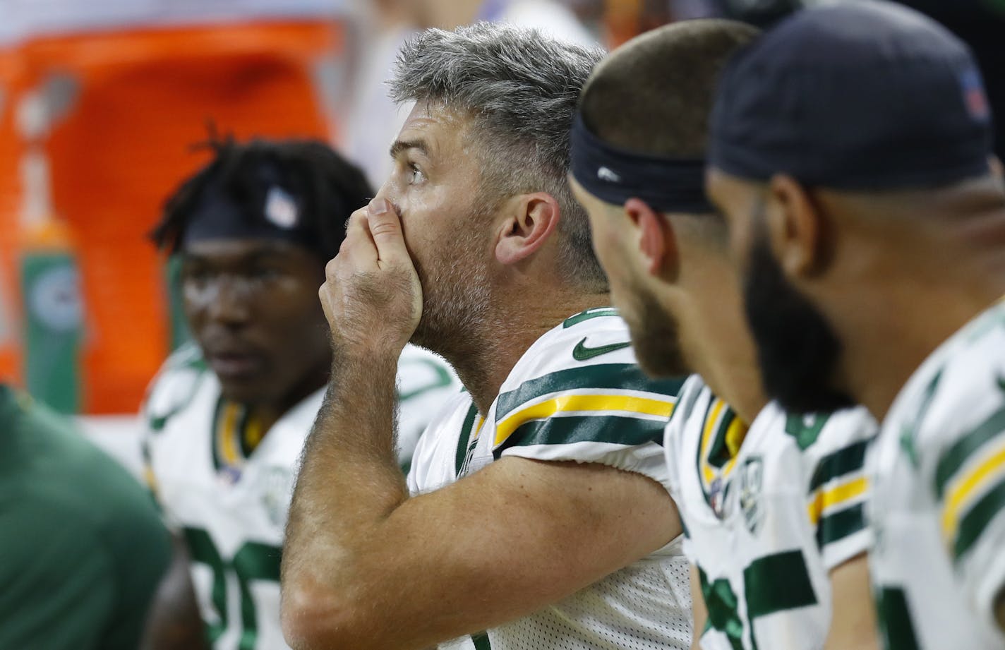 Green Bay Packers kicker Mason Crosby (2) reacts on the bench after missing his third field goal during an NFL football game against the Detroit Lions in Detroit, Sunday, Oct. 7, 2018. Crosby missed four field goals and an extra point in their 31-23 loss. (AP Photo/Paul Sancya)