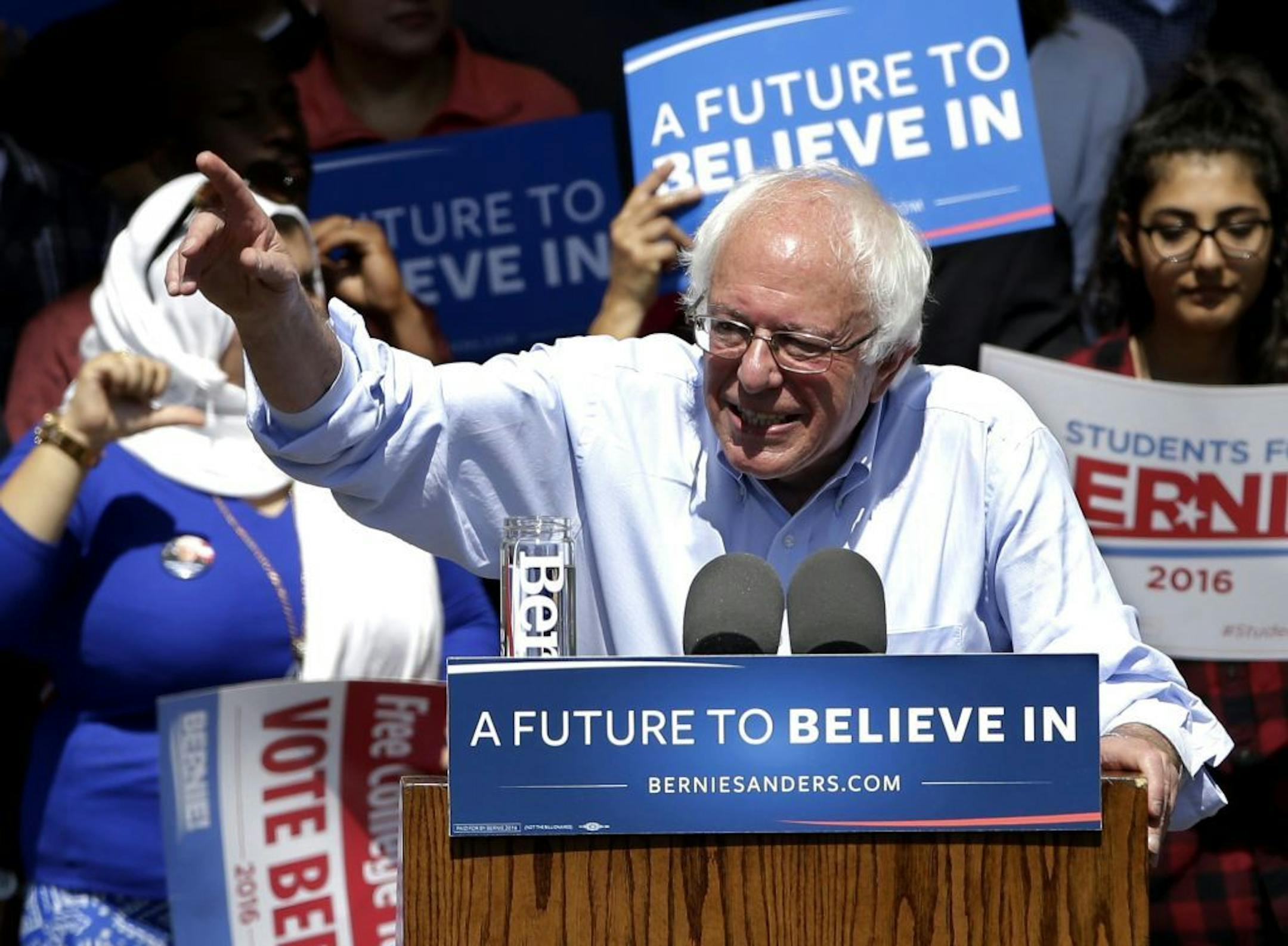 Democratic presidential candidate, Sen. Bernie Sanders, I-Vt., speaks at a campaign rally, Tuesday, May 10, 2016, in Stockton, Calif.