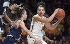 In this Nov. 23, 2019, photo, Minnesota guard Destiny Pitts (3) lookesto pass the ball as Montana State guard Darian White (2) defends during an NCAA 