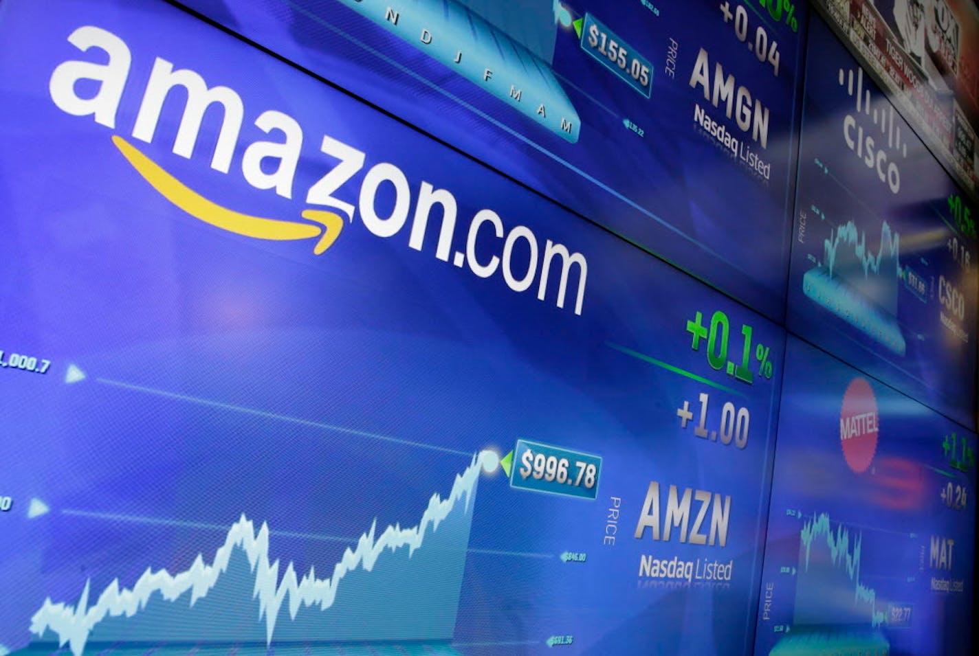 FILE - In this Tuesday, May 30, 2017, file photo, the Amazon logo is displayed at the Nasdaq MarketSite, in New York's Times Square. Amazon announced Thursday, Sept. 7, that it has opened the search for a second headquarters, promising to spend more than $5 billion on the opening. (AP Photo/Richard Drew, File)