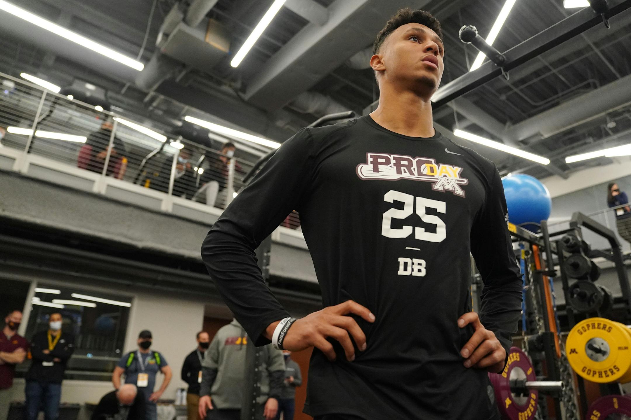 University of Minnesota cornerback Benjamin St-Juste waited to lift weights in front of NFL scouts during Pro Day Thursday.