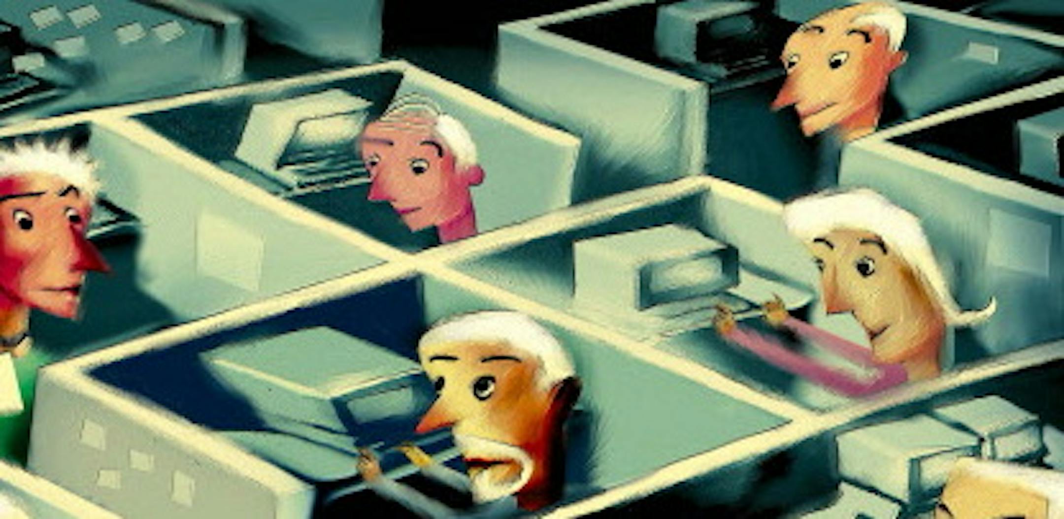 300 dpi 5 col x 7.25 in / 246x184 mm / 837x626 pixels Michael Hogue color illustration of office cubicles staffed with older workers. The Dallas Morning News 2005 With WRK-MATUREWORKERS-BIZPLUS, The Dallas Morning News by Bob Moos <p> KEYWORDS: matureworkers mature workers old older senior retirement elderly employee cubicle staff baby boomer aging workforce pension office work krtbusiness business krtnational national krtnamer north america krtusbusiness krtworkplace workplace u.s. us united st