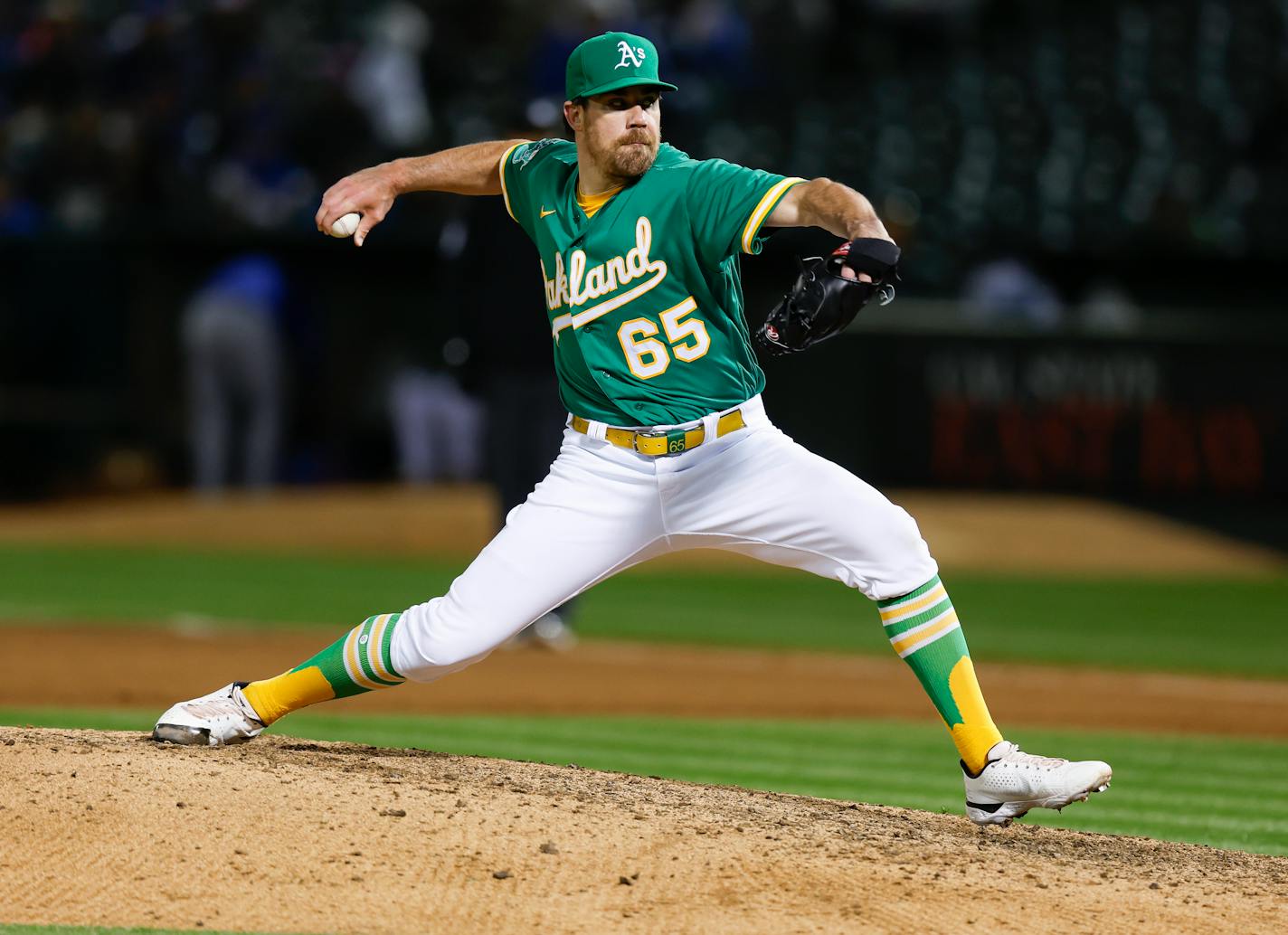 In this photo from Apr. 18, 2023, Oakland Athletics' Trevor May (65) throws against the Chicago Cubs in the eighth inning at the Coliseum in Oakland, California. (Nhat V. Meyer/Bay Area News Group/TNS)