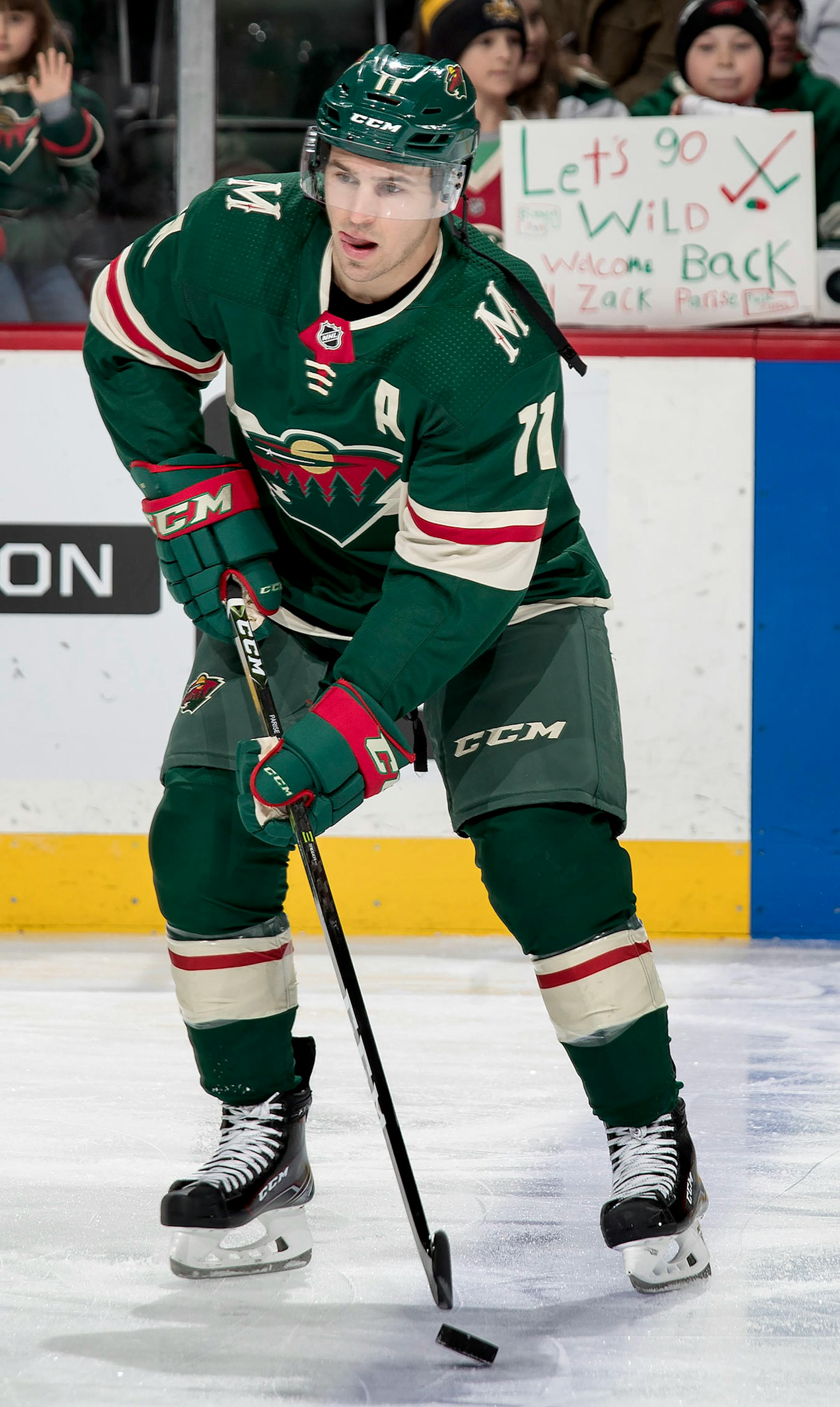 Zach Parise during the pregame warm ups. Parise is playing for the first time this season after missing 39 games due to an injury.