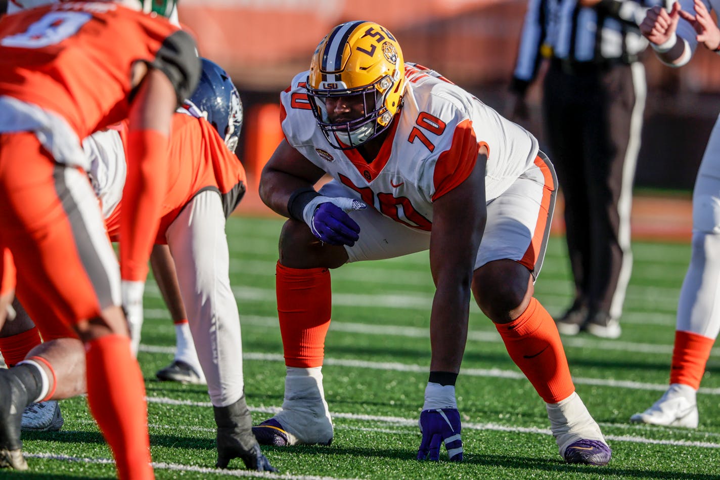 American Team offensive lineman Ed Ingram of LSU (70) in an NCAA college football game Saturday, Feb. 5, 2022, in Mobile, Ala. (AP Photo/Butch Dill)