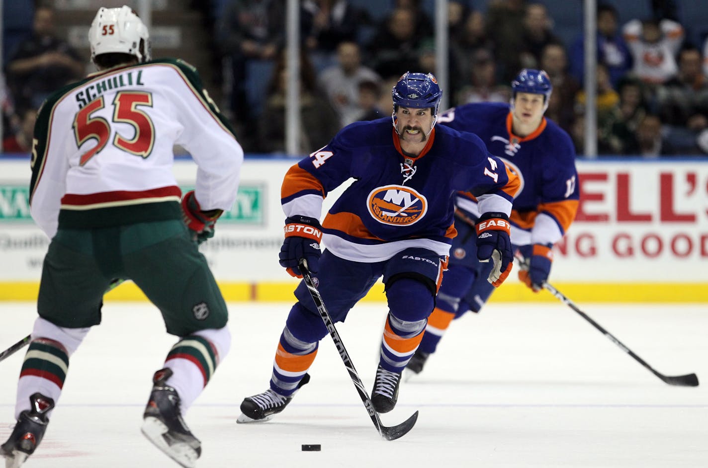 Trevor Gillies (14) of the New York Islanders skates against the Minnesota Wild at Nassau Coliseum in Uniondale, New York, on Wednesday, March 2, 2011. (Jim McIsaac/Newsday/MCT)