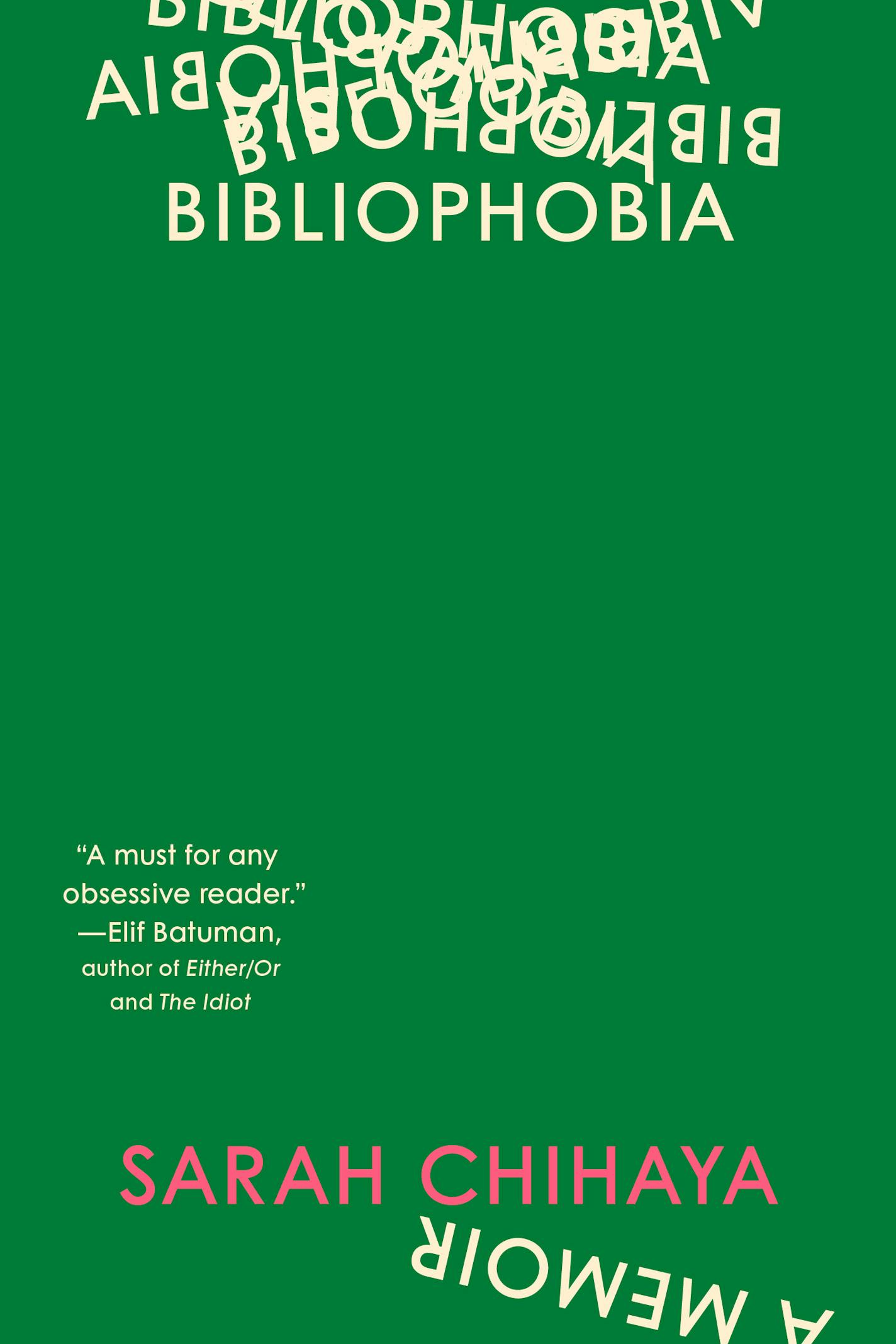 cover of Bibliophobia is green with the title in white and author name in pink