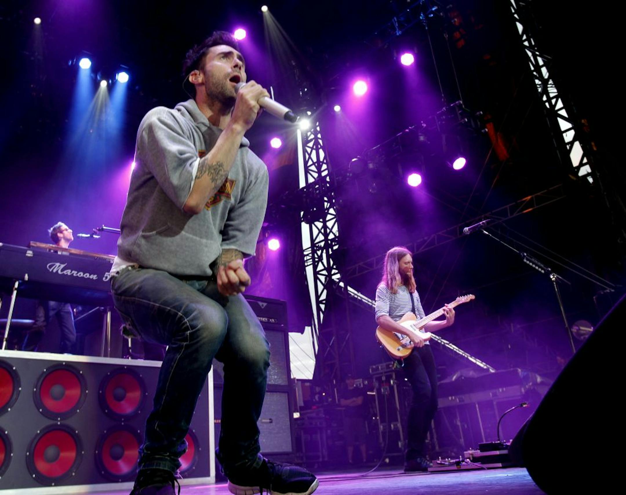 Adam Levine, ((vocals), James Valentine, (lead guitar), Jesse Carmichael, (keyboards) of Maroon 5 played "Jagger" at the State Fair Grandstand on September 5, 2011.