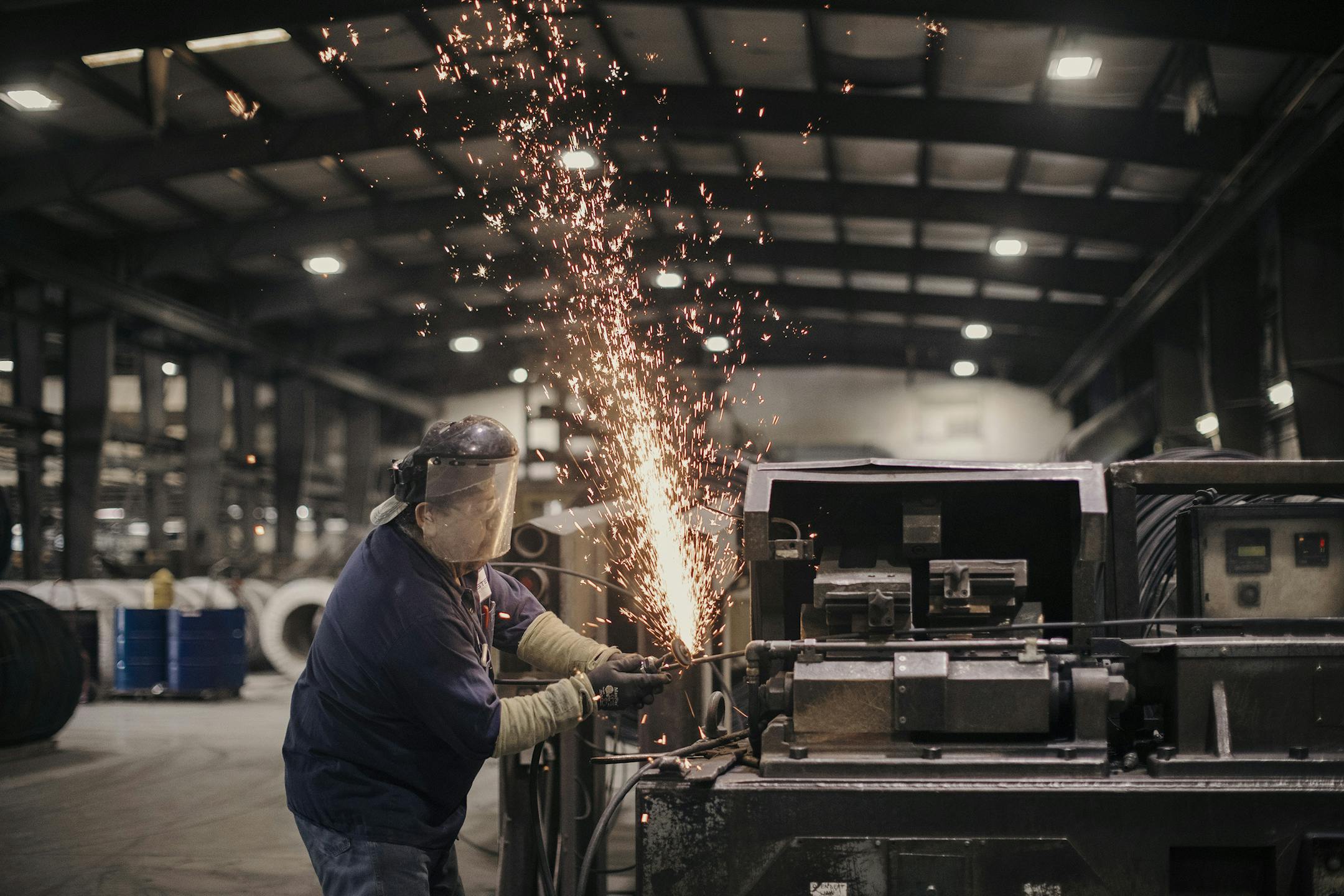 An operator welds coil ends together at the Insteel Industries factory in Houston, March 2, 2018. With the prospect of higher steel prices, the company fears losing business to foreign competitors paying less for raw materials. (Todd Spoth/The New York Times)