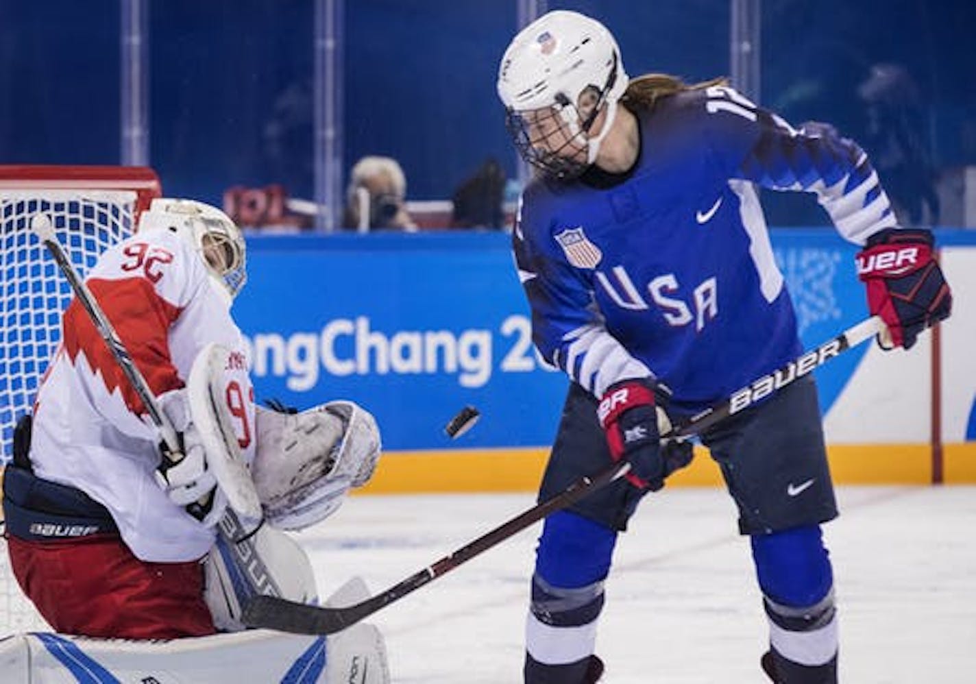 Kelly Pannek kept her eyes on the puck during a game in the Pyeongchang Olympics last winter.