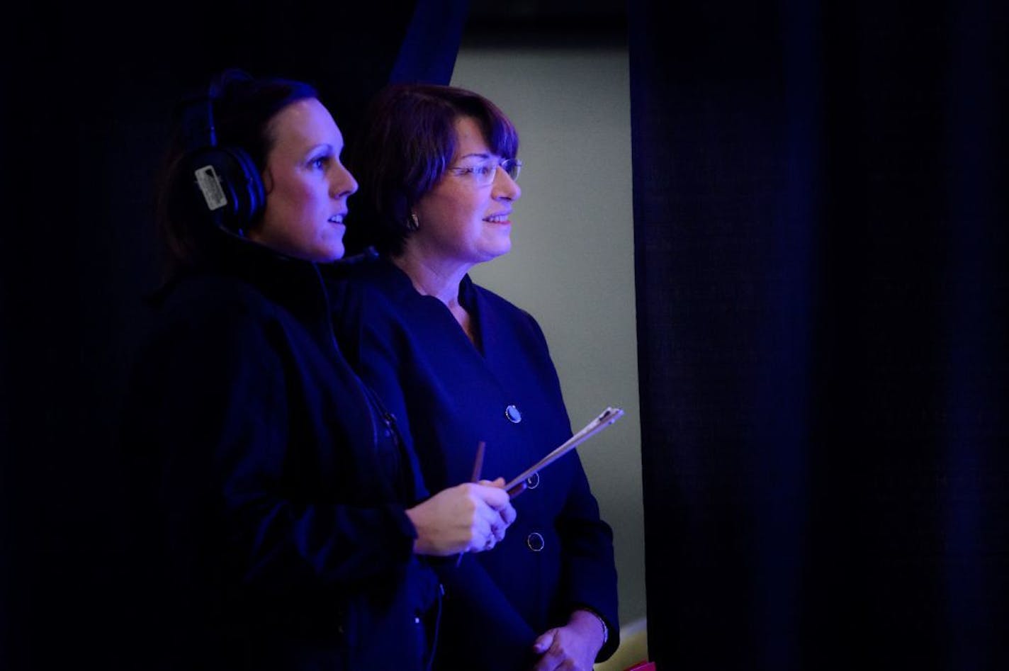 Sen. Amy Klobuchar waited to take the stage and address the crowd at the Fifth Annual Minnesota DFL Humphrey-Mondale Dinner in the St. Paul RiverCentre on Friday, Feb. 12, 2016.