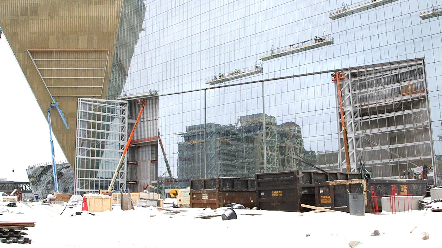 A 50- by 95-foot pivoting glass door is open on the new U.S. Bank Stadium, where the Vikings will begin playing next season.