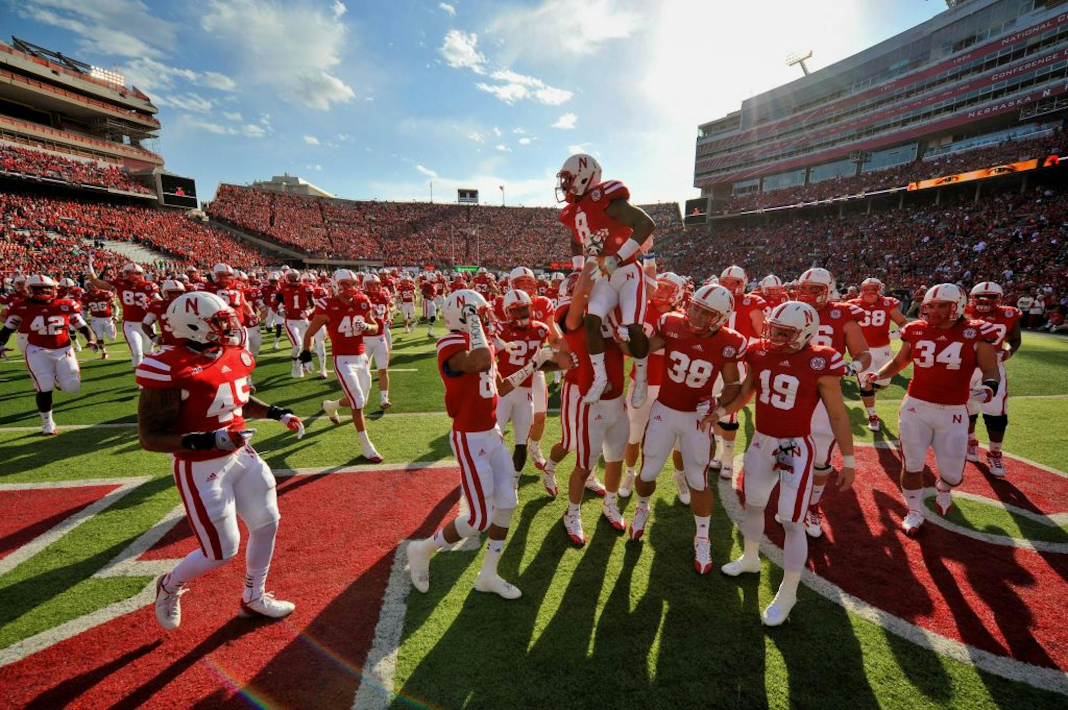 Nebraska's Ameer Abdullah (8) leads the team in a pre game huddle before their Saturday, Nov. 10, 2012 NCAA football game against Penn State in Lincoln, Neb.