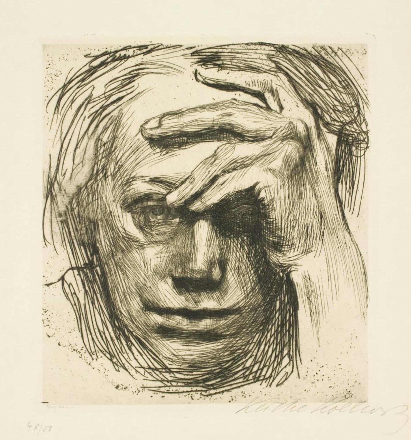 Käthe Kollwitz's 1910 etching "Self-Portrait, Hand at the Forehead" is typical of her introspective, asexual imagery.