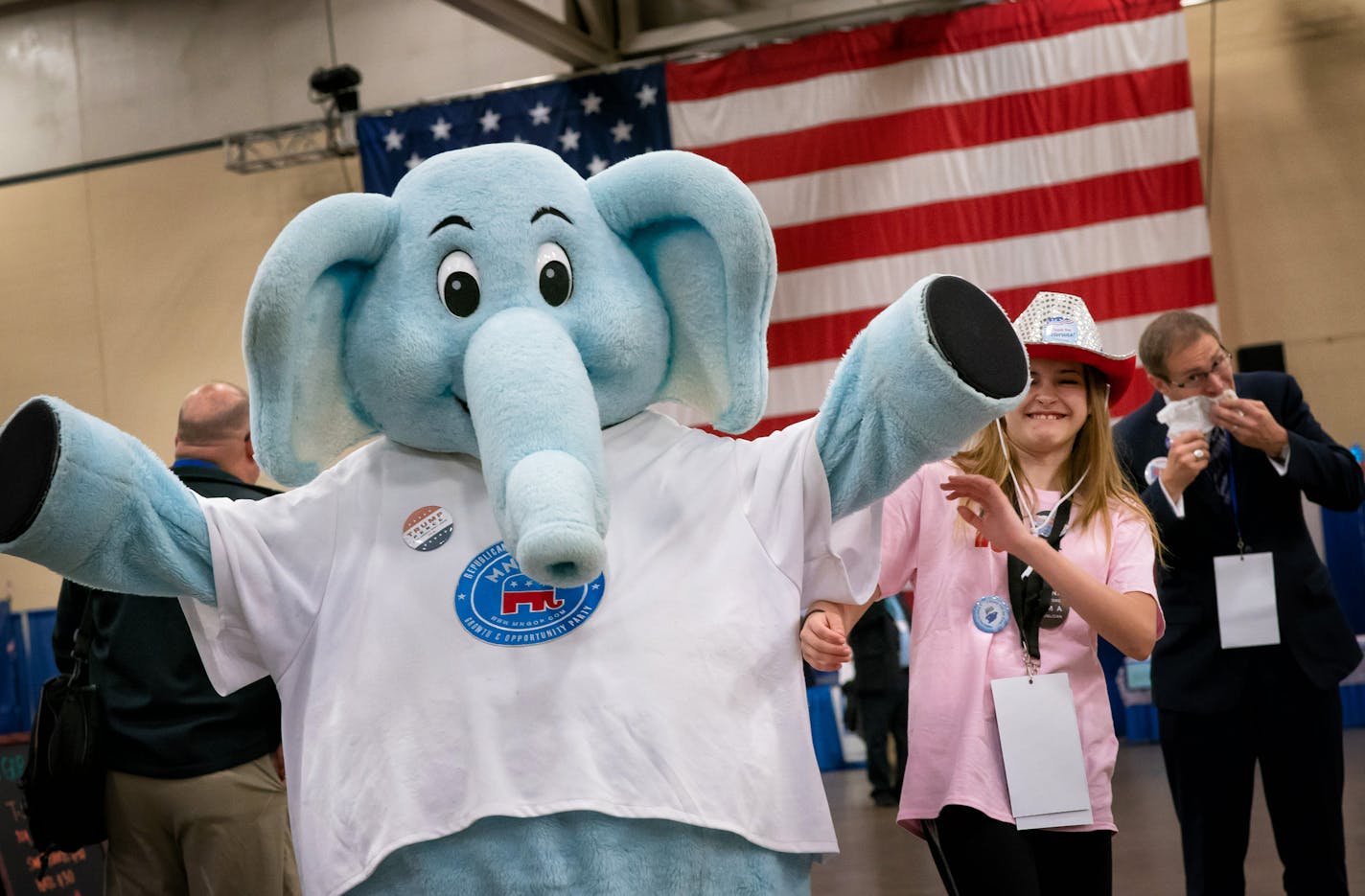 Sydney Schmidt, 13, got the job of handling her brother Alex, 15 as he brought life to GOP mascot Ernie the Elephant the Republican state convention in Duluth. Unfortunately here Ernie accidentally knocked his sister in the head as he posed for a photograph. ] GLEN STUBBE • glen.stubbe@startribune.com Friday, June 1, 2018 Republicans meet for their state convention in Duluth, where on Friday they will nominate candidates for the two U.S. Senate races this year.