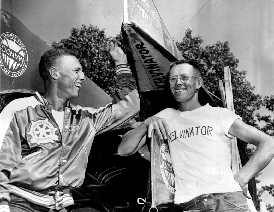 July 23, 1949: Tom Estes, left, and Eugene Jensen, after winning the Aquatennial canoe derby in record time. 