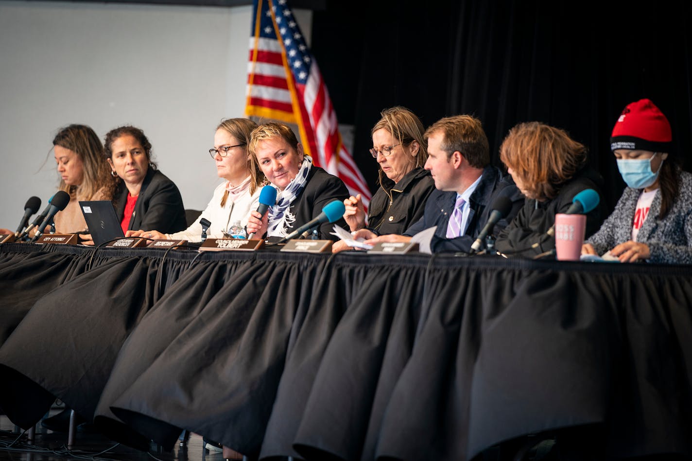 Council president Amy Brendmoen, center, spoke during a St. Paul City Council meeting at Como Lakeside Pavilion. ] LEILA NAVIDI • leila.navidi@startribune.com