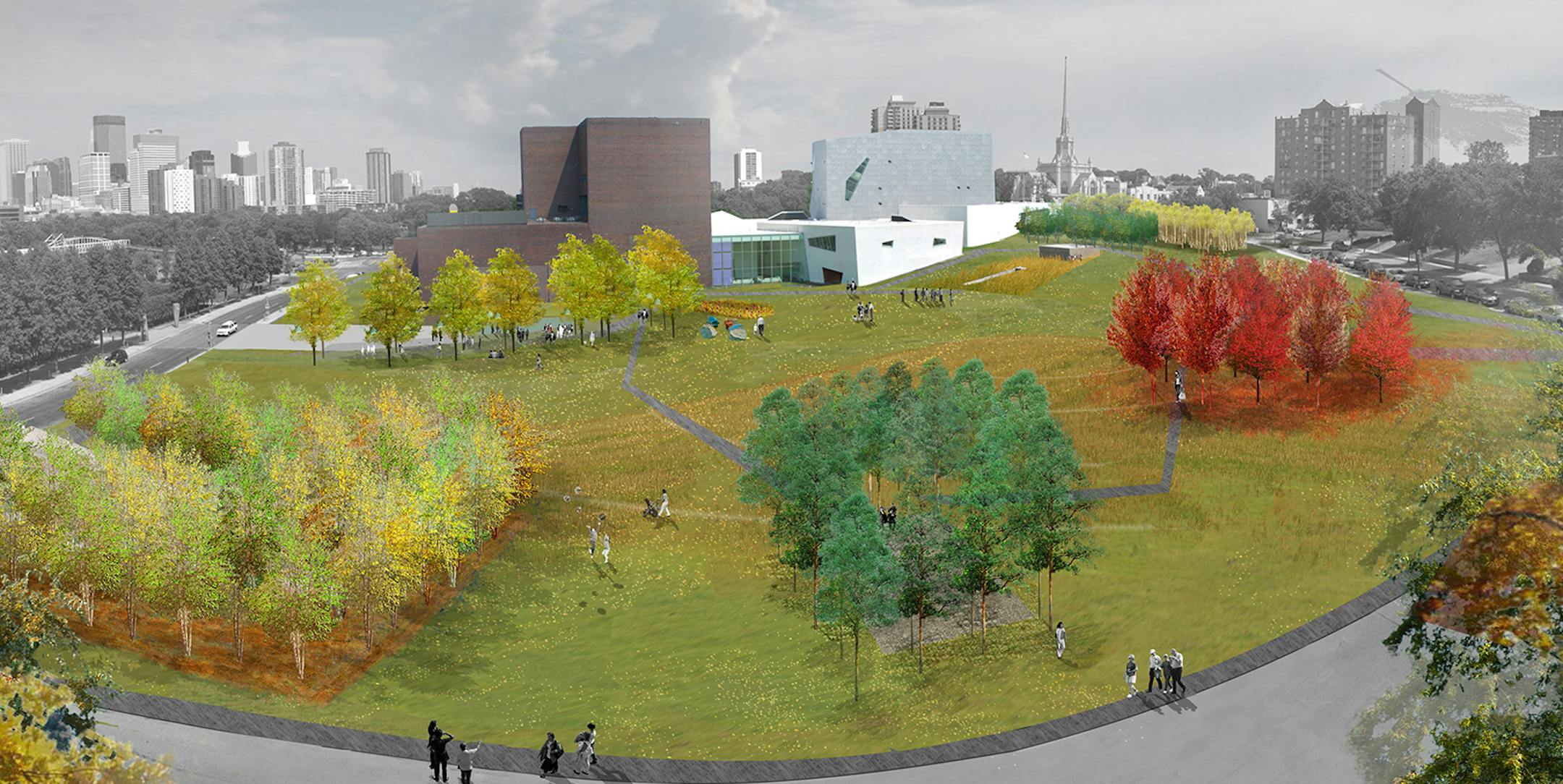 Small groves of grees including pine, maple, honey locust and birch will dot the reshaped hillside west of the Walker and overlooking the Minneapolis Sculpture Garden and downtown Minneapolis.