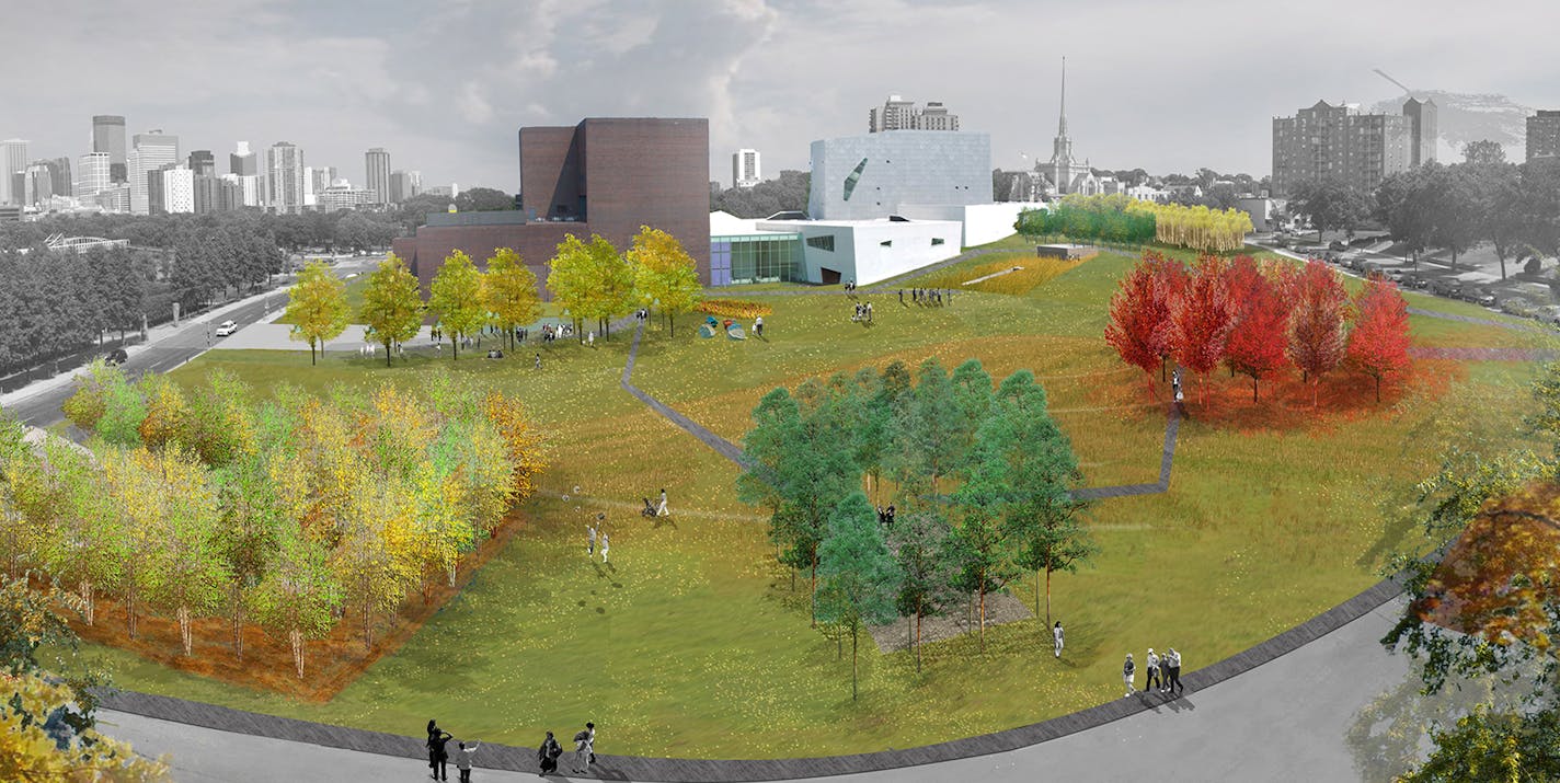 Small groves of grees including pine, maple, honey locust and birch will dot the reshaped hillside west of the Walker and overlooking the Minneapolis Sculpture Garden and downtown Minneapolis.