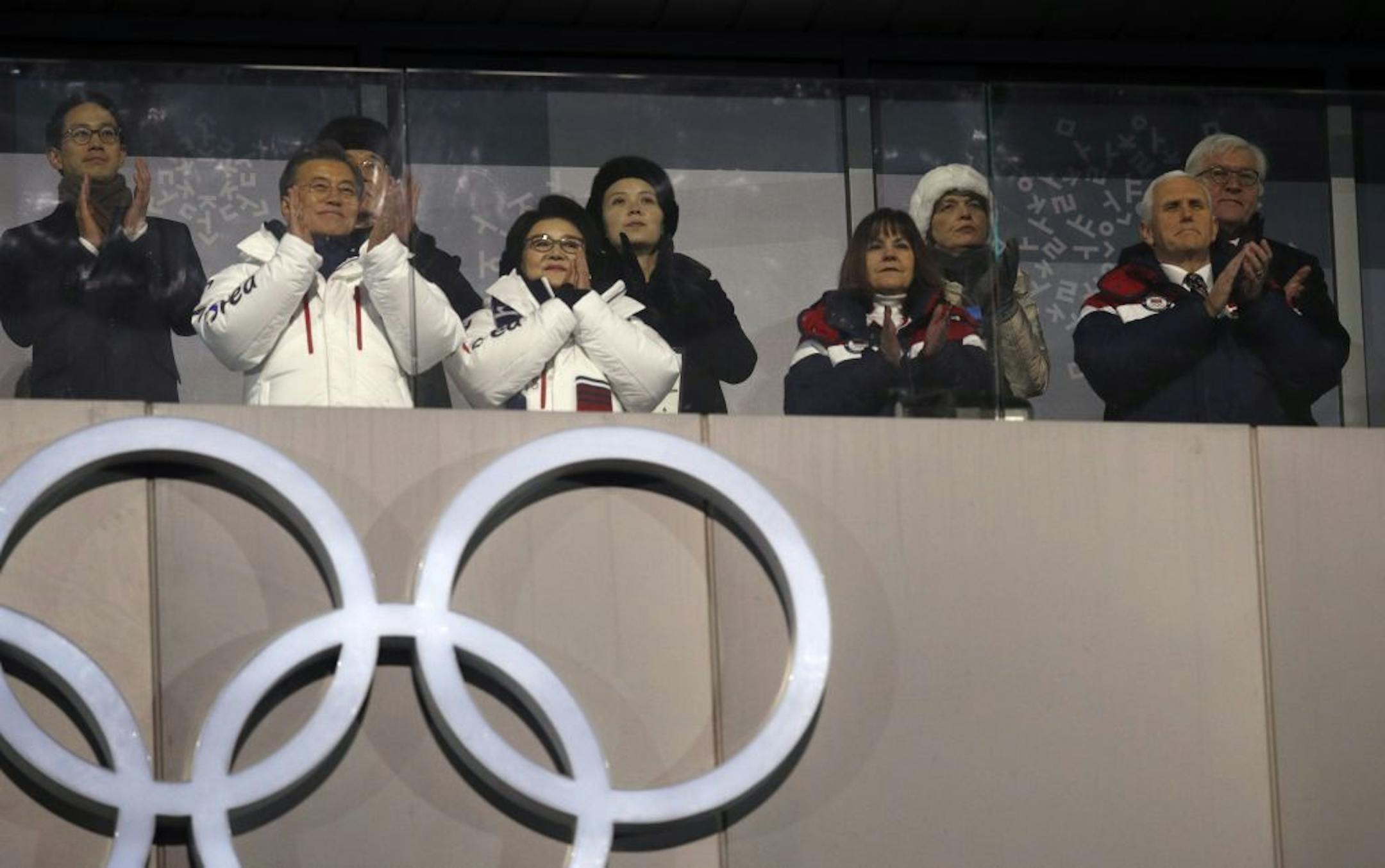 South Korean President Moon Jae-in, front left, first lady Kim Jung-sook, second lady Karen Pence and United States Vice President Mike Pence observe with Kim Yong Nam, the 90-year-old president of the Presidium of the North's Parliament, back left, and Kim Jong Un's sister Kim Yo Jong during the opening ceremony of the 2018 Winter Olympics in Pyeongchang, South Korea, Friday, Feb. 9, 2018.