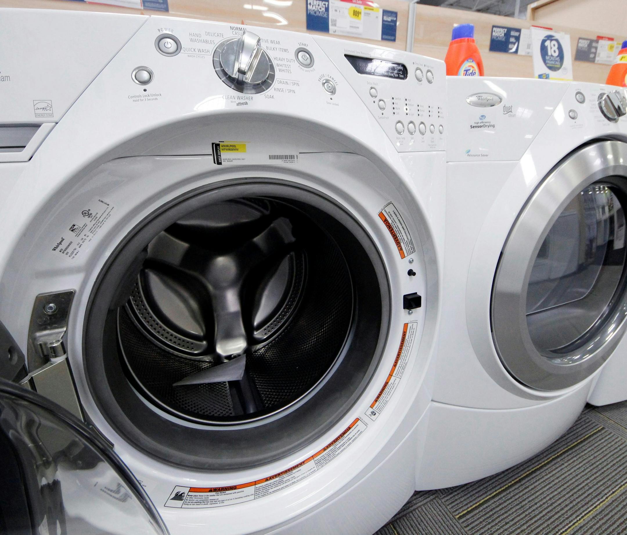 Whirlpool washing machines on display in a Best Buy store in Pittsburgh, Thursday, July 19, 2012. (AP Photo/Gene J. Puskar) ORG XMIT: PAGP