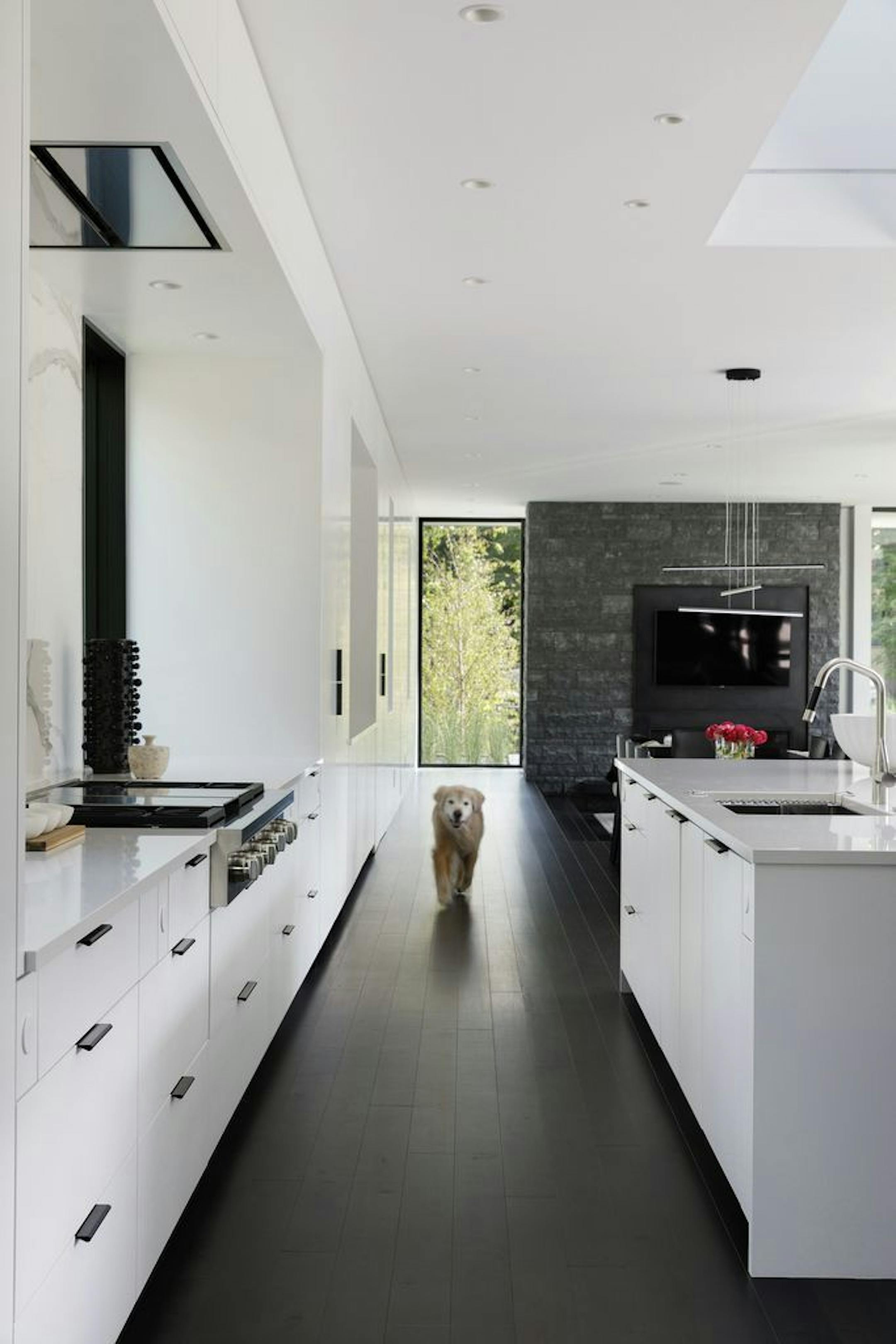 The L-shaped open floor plan has sightlines from the front to the back.