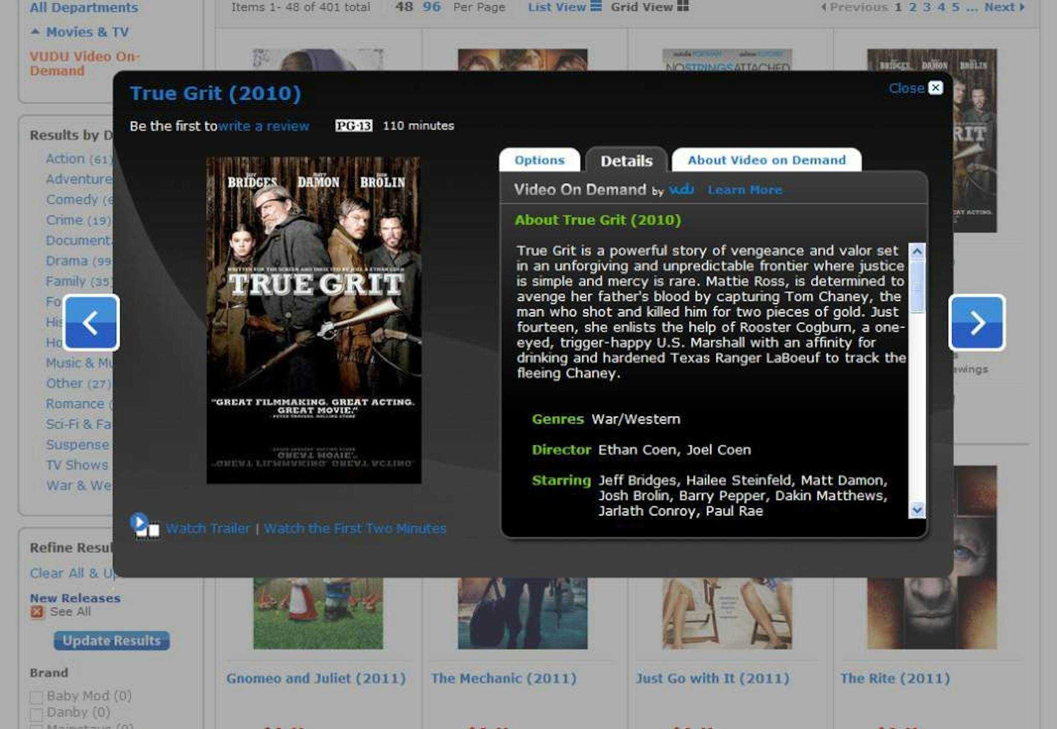In this screen shot provided by Wal-Mart, the film "True Grit" is shown as one of the titles available on the company's new video-streaming service.