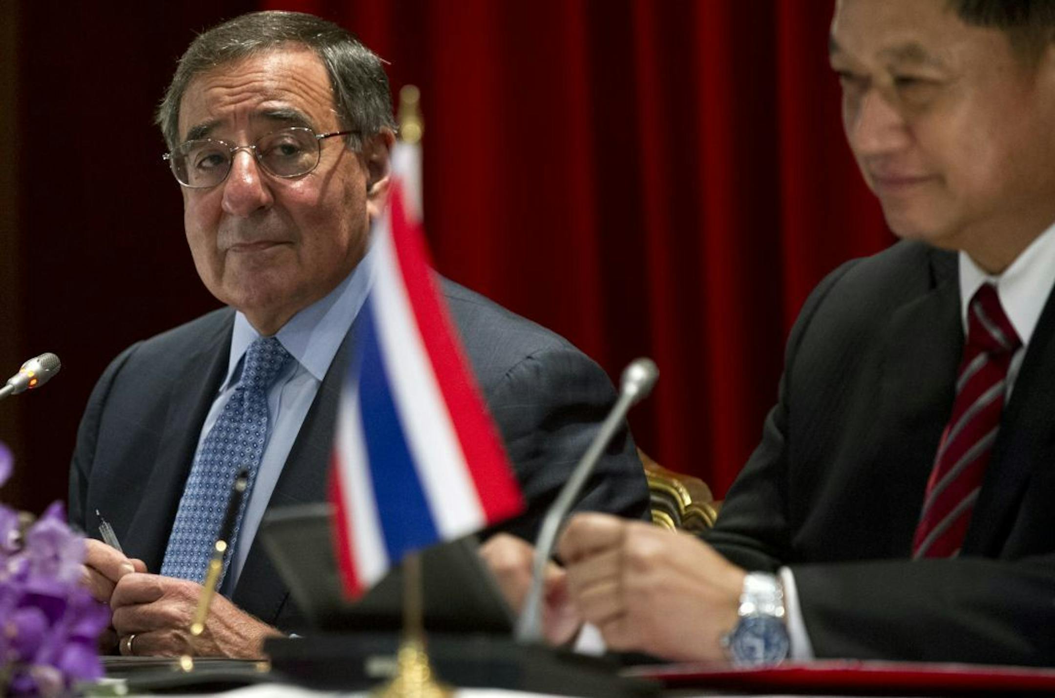 U.S. Secretary of Defense Leon Panetta, left, holds a joint press conference with this Thai counterpart Sukampol Suwannathat following meetings at the Ministry of Defense in Bangkok on Thursday, November 15, 2012.
